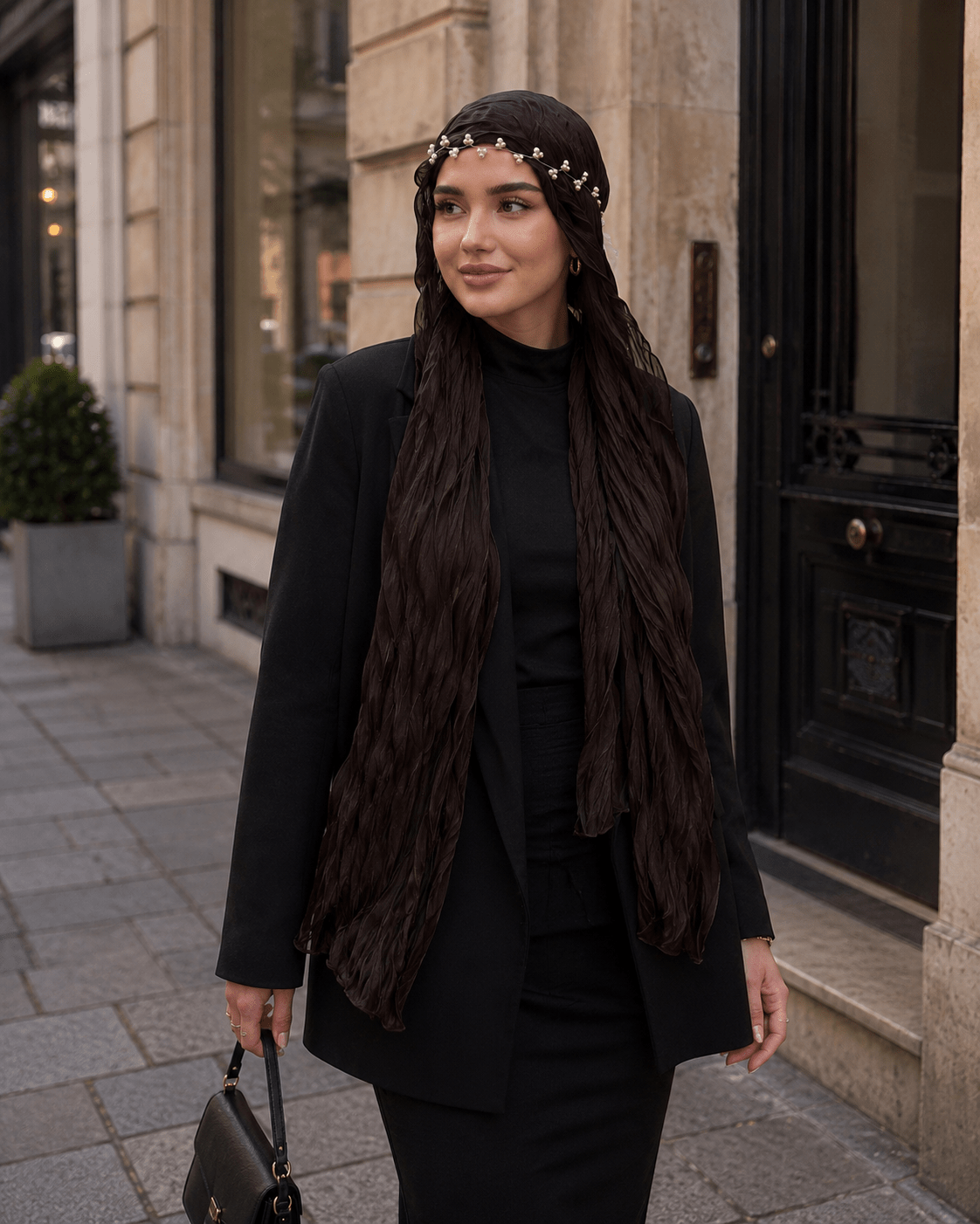 RY303 Dark Coffee Crinkled Tulle Hijab Scarf – Glossy Stretch Breathable Headscarf - Raya