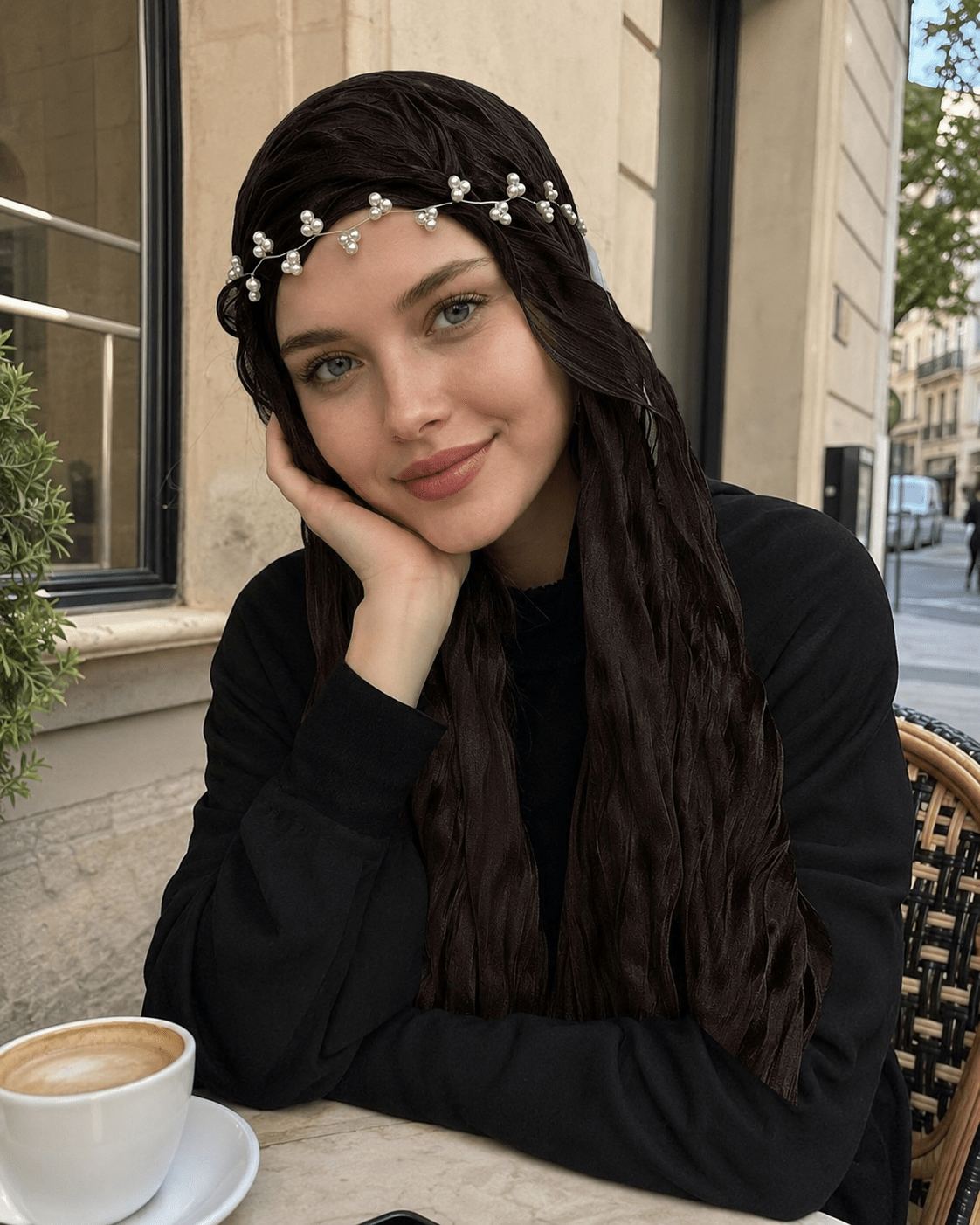 RY303 Dark Coffee Crinkled Tulle Hijab Scarf – Glossy Stretch Breathable Headscarf - Raya