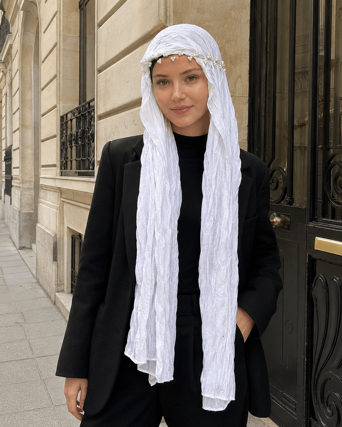 RY304 Pure White Crinkled Tulle Hijab Scarf – Glossy Stretch Breathable Headscarf - Raya
