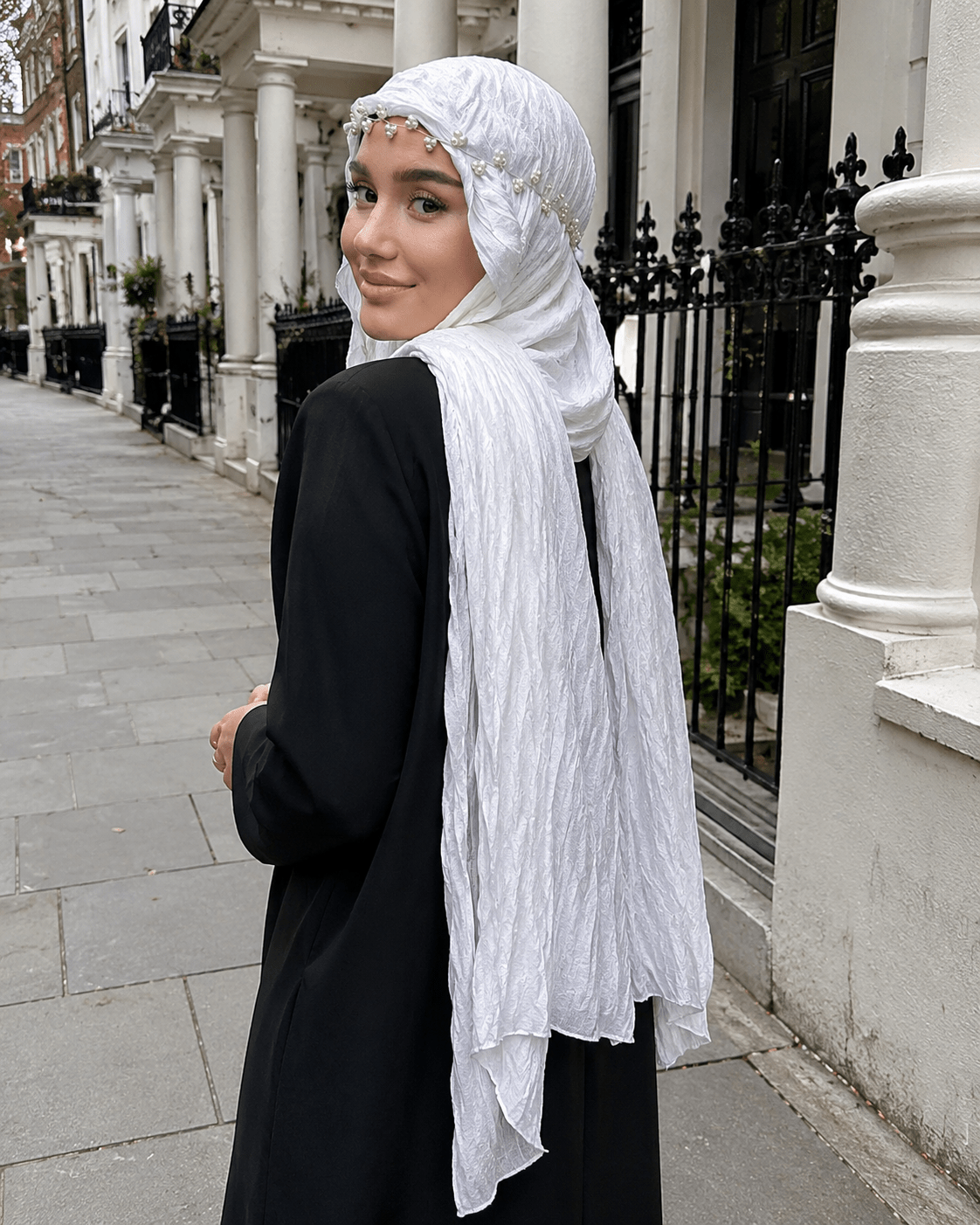 RY304 Pure White Crinkled Tulle Hijab Scarf – Glossy Stretch Breathable Headscarf - Raya