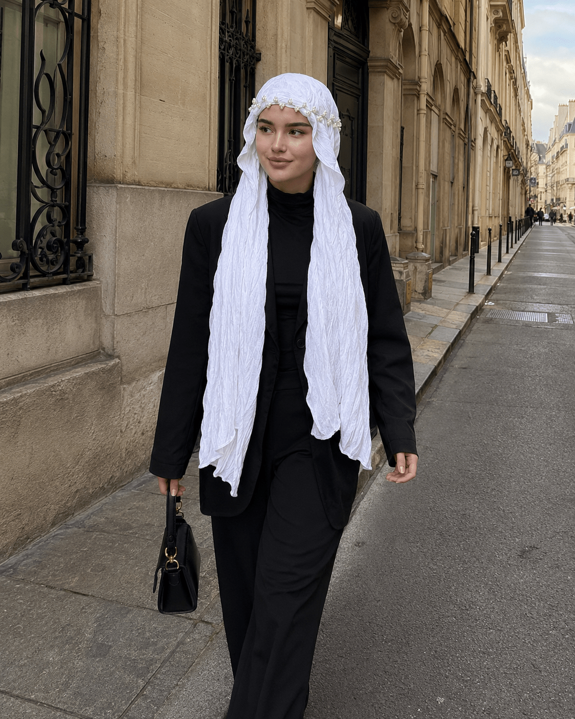 RY304 Pure White Crinkled Tulle Hijab Scarf – Glossy Stretch Breathable Headscarf - Raya