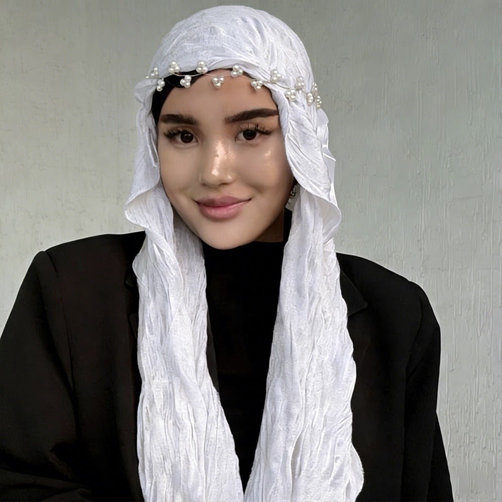 RY304 Pure White Crinkled Tulle Hijab Scarf – Glossy Stretch Breathable Headscarf - Raya