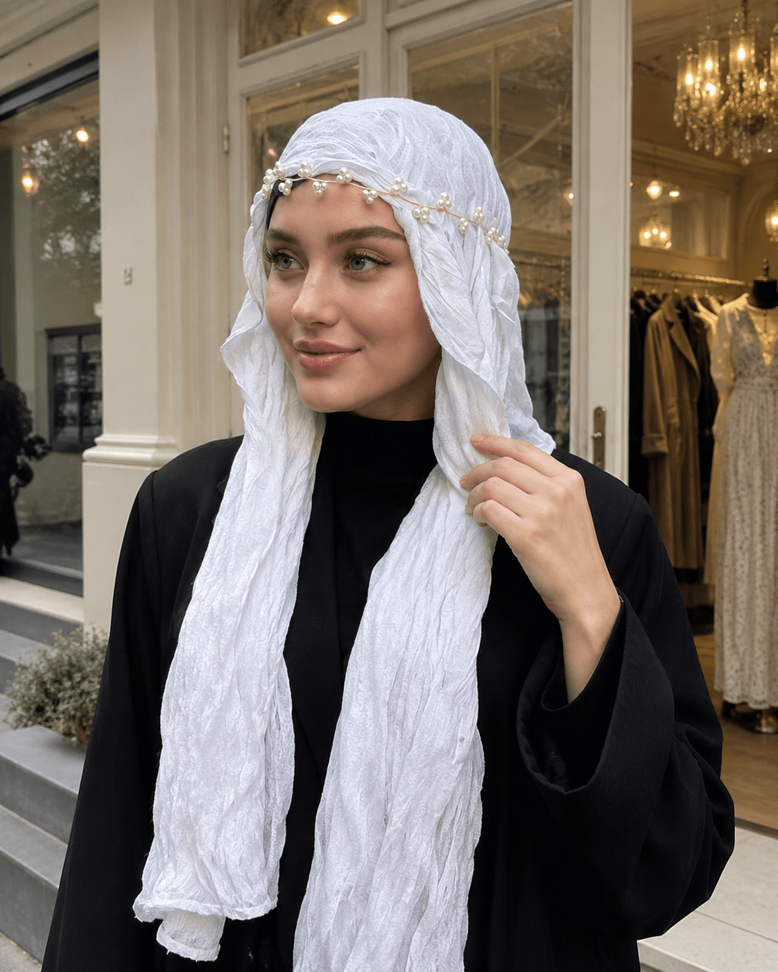 RY304 Pure White Crinkled Tulle Hijab Scarf – Glossy Stretch Breathable Headscarf - Raya