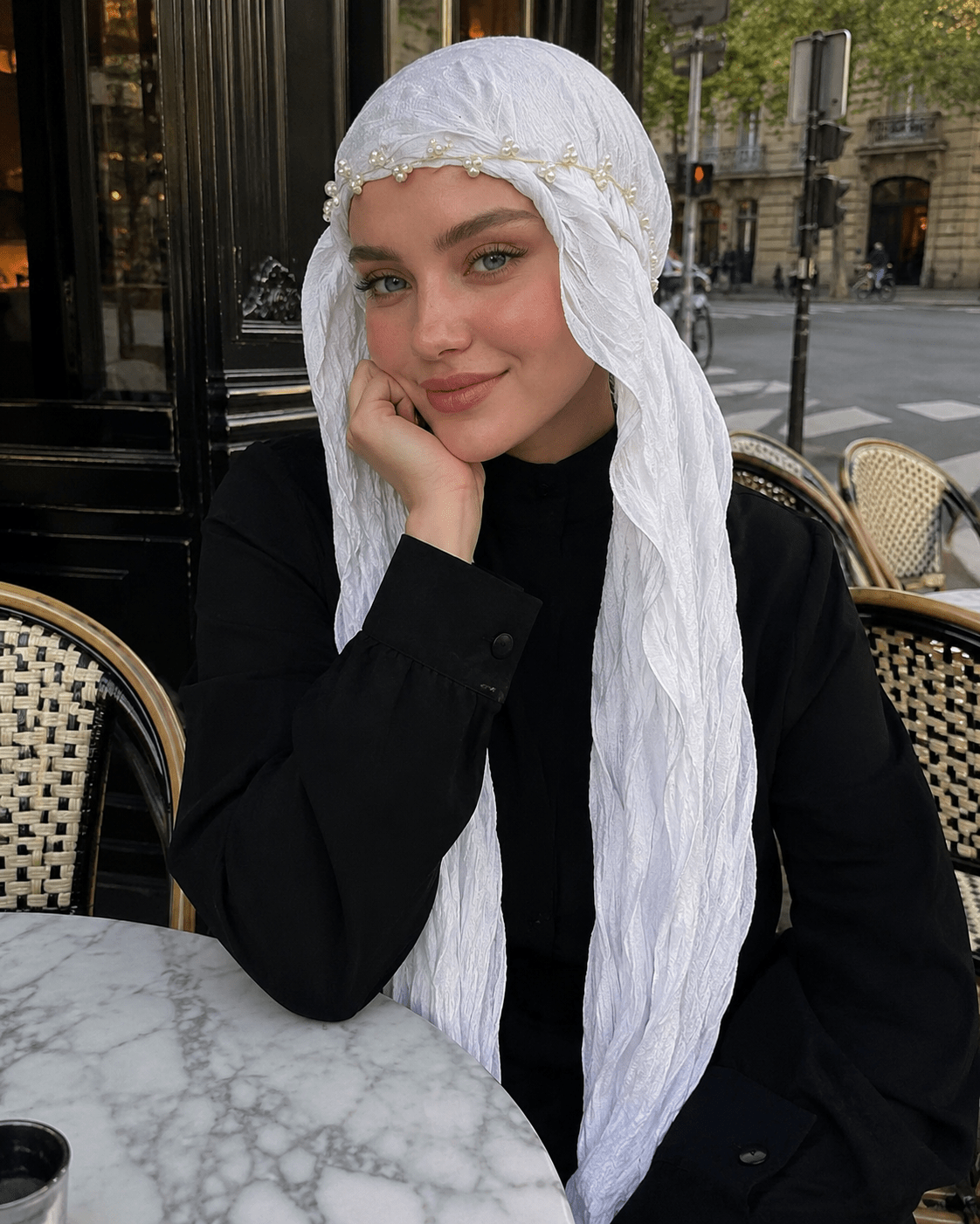 RY304 Pure White Crinkled Tulle Hijab Scarf – Glossy Stretch Breathable Headscarf - Raya