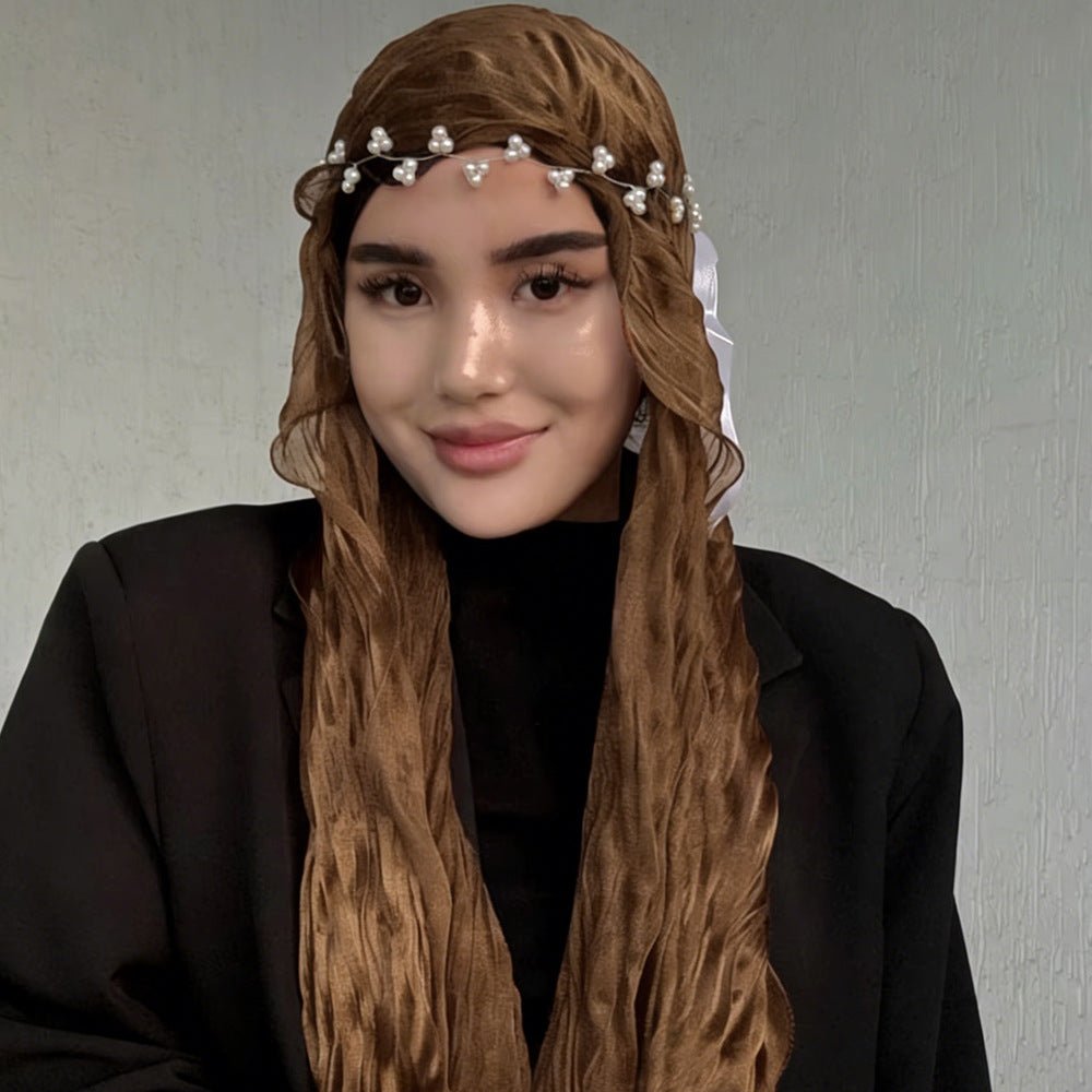 RY305 Caramel Brown Crinkled Tulle Hijab Scarf – Glossy Stretch Breathable Headscarf - Raya