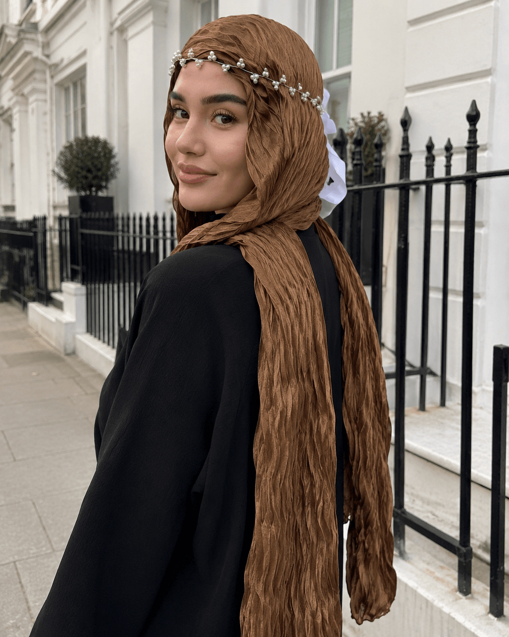 RY305 Caramel Brown Crinkled Tulle Hijab Scarf – Glossy Stretch Breathable Headscarf - Raya