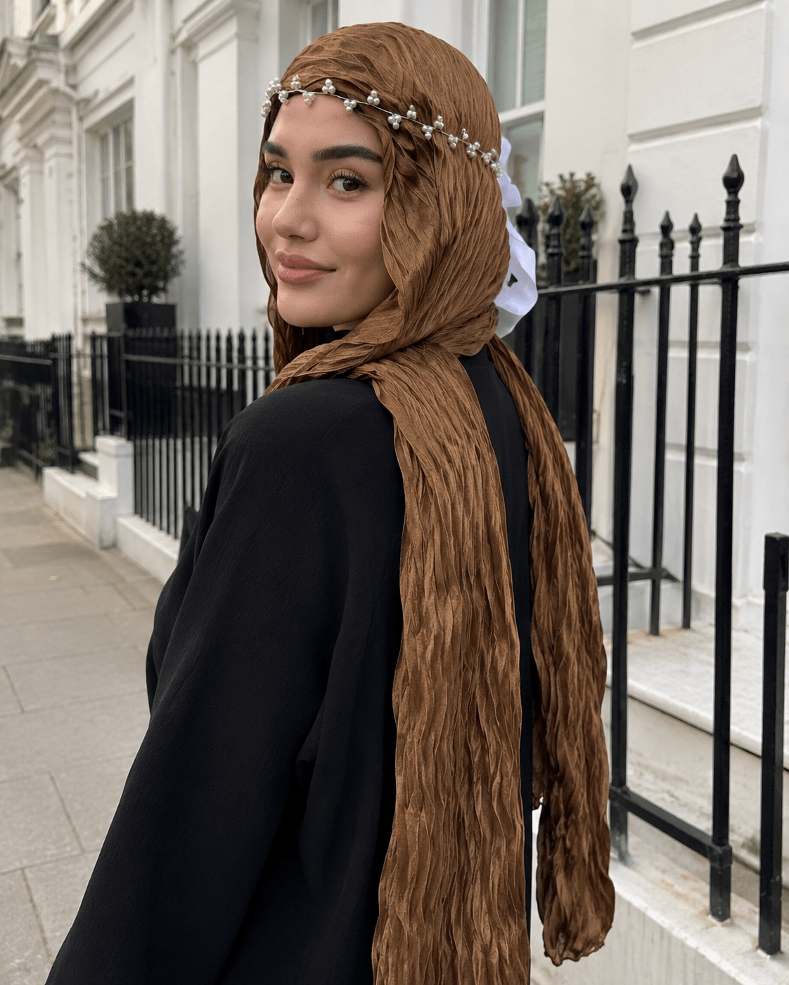 RY305 Caramel Brown Crinkled Tulle Hijab Scarf – Glossy Stretch Breathable Headscarf - Raya