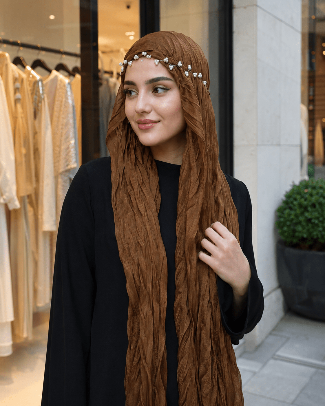 RY305 Caramel Brown Crinkled Tulle Hijab Scarf – Glossy Stretch Breathable Headscarf - Raya