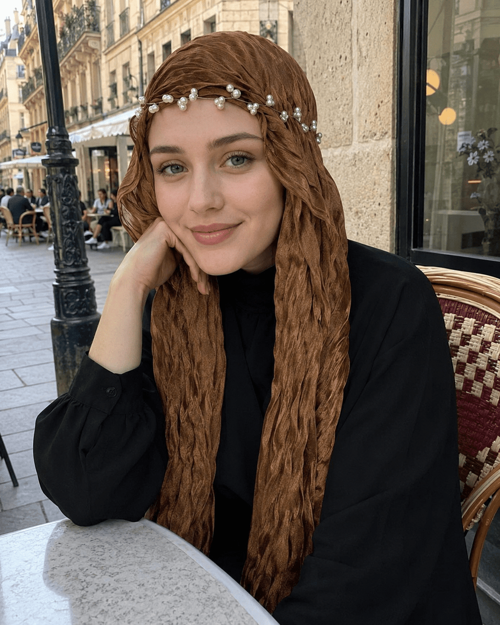 RY305 Caramel Brown Crinkled Tulle Hijab Scarf – Glossy Stretch Breathable Headscarf - Raya