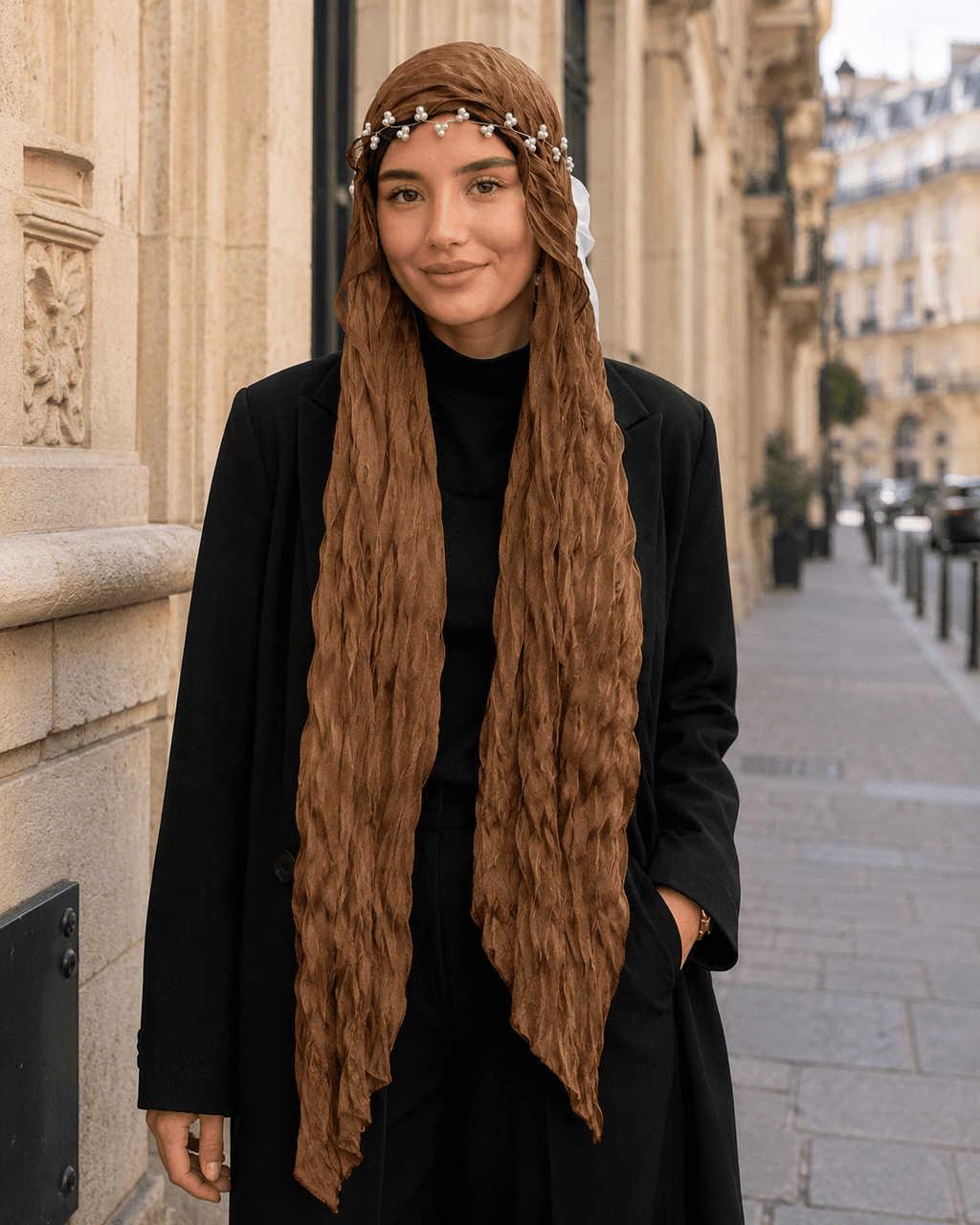 RY305 Caramel Brown Crinkled Tulle Hijab Scarf – Glossy Stretch Breathable Headscarf - Raya