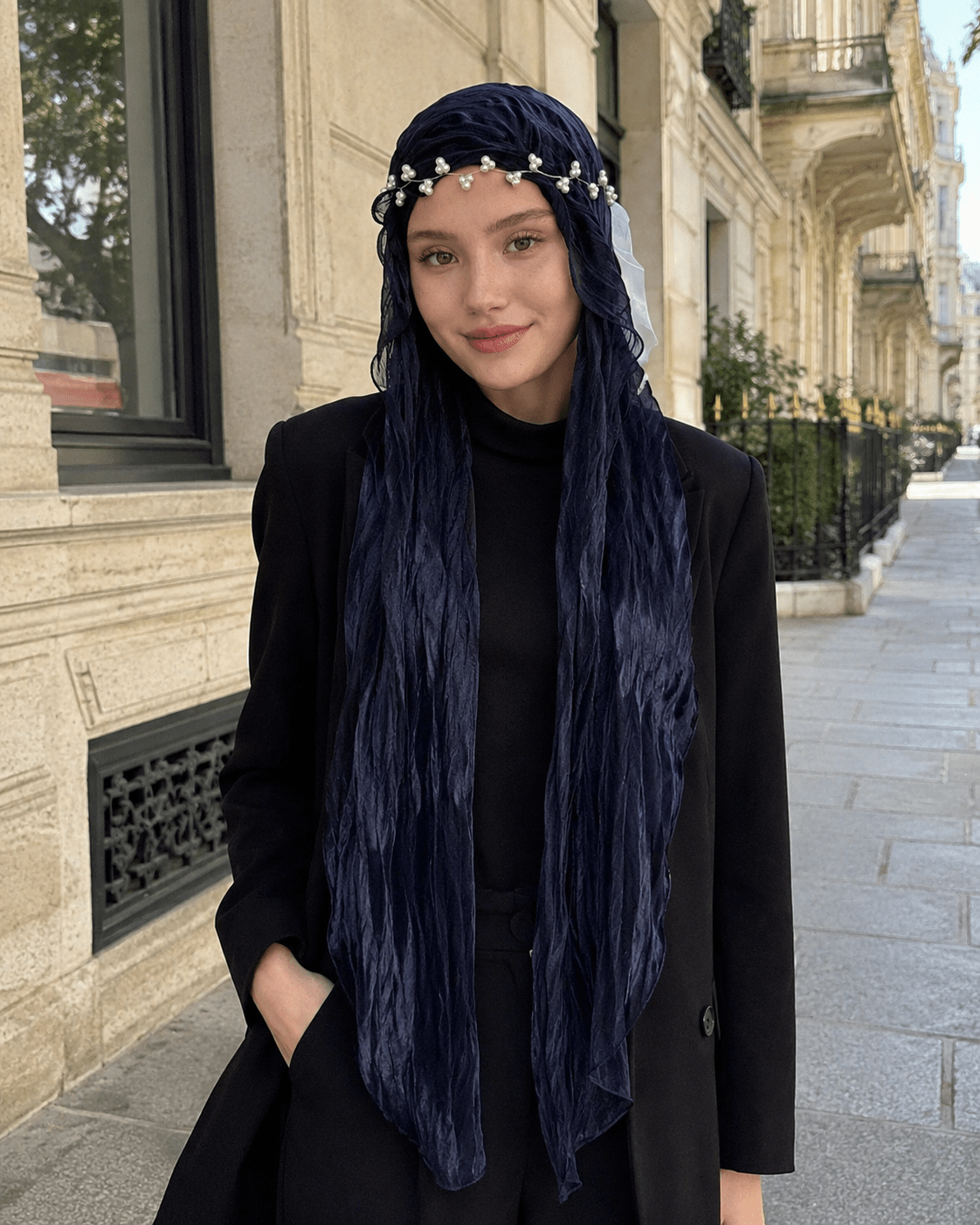 RY306 Midnight Blue Crinkled Tulle Hijab Scarf – Glossy Stretch Breathable Headscarf - Raya