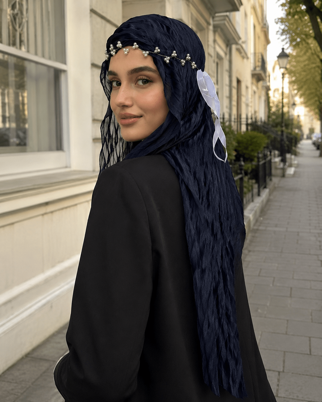 RY306 Midnight Blue Crinkled Tulle Hijab Scarf – Glossy Stretch Breathable Headscarf - Raya