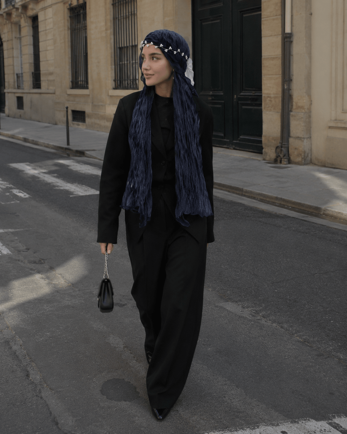 RY306 Midnight Blue Crinkled Tulle Hijab Scarf – Glossy Stretch Breathable Headscarf - Raya