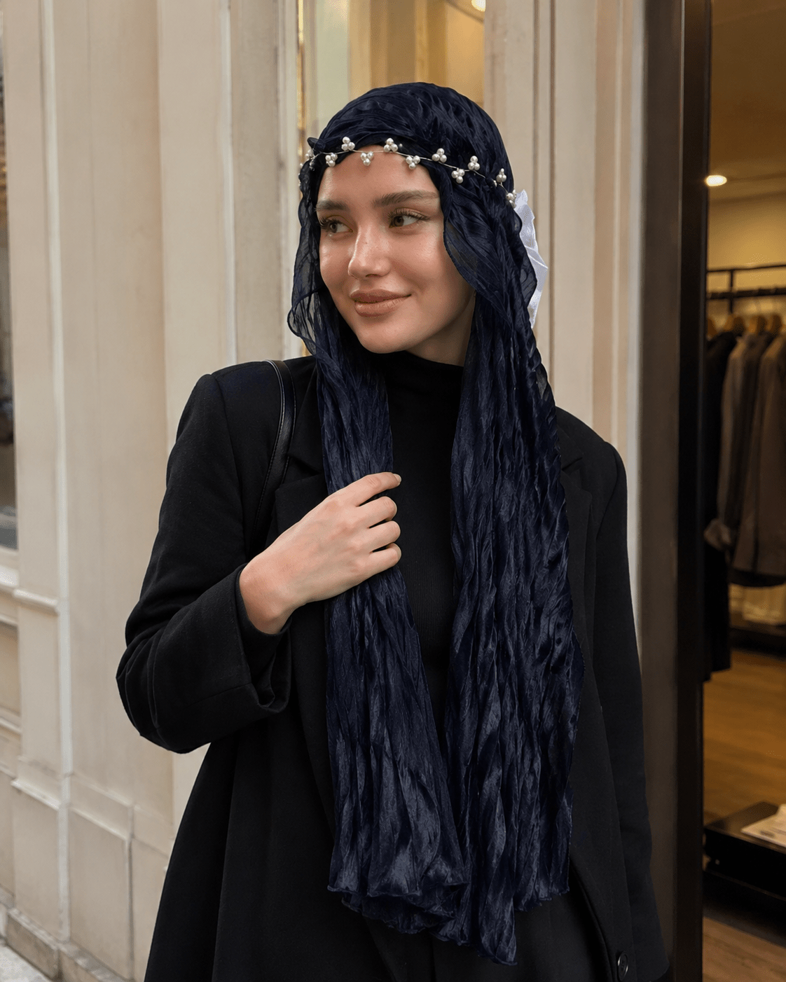 RY306 Midnight Blue Crinkled Tulle Hijab Scarf – Glossy Stretch Breathable Headscarf - Raya