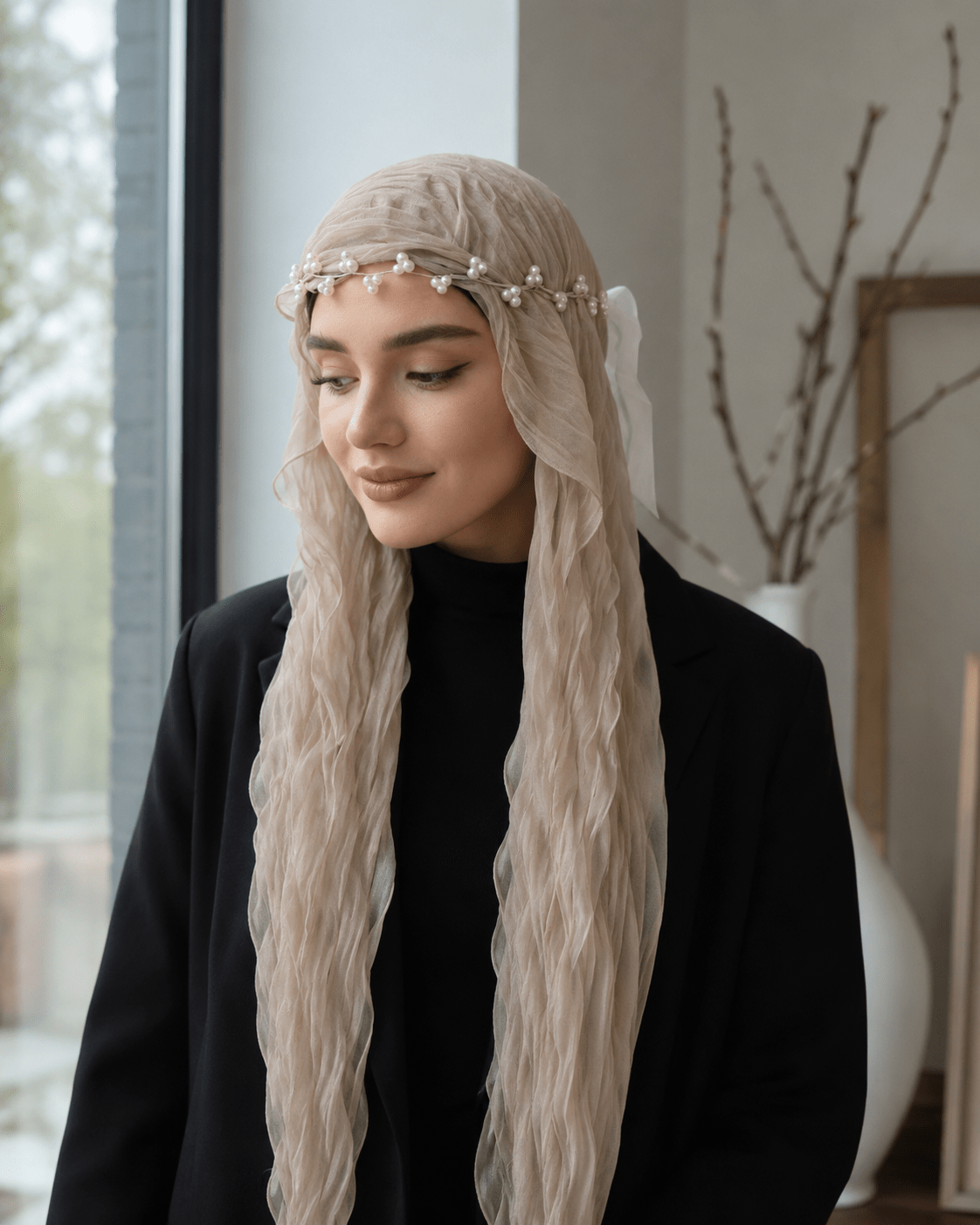RY307 Light Coffee Crinkled Tulle Hijab Scarf – Glossy Stretch Breathable Headscarf - Raya