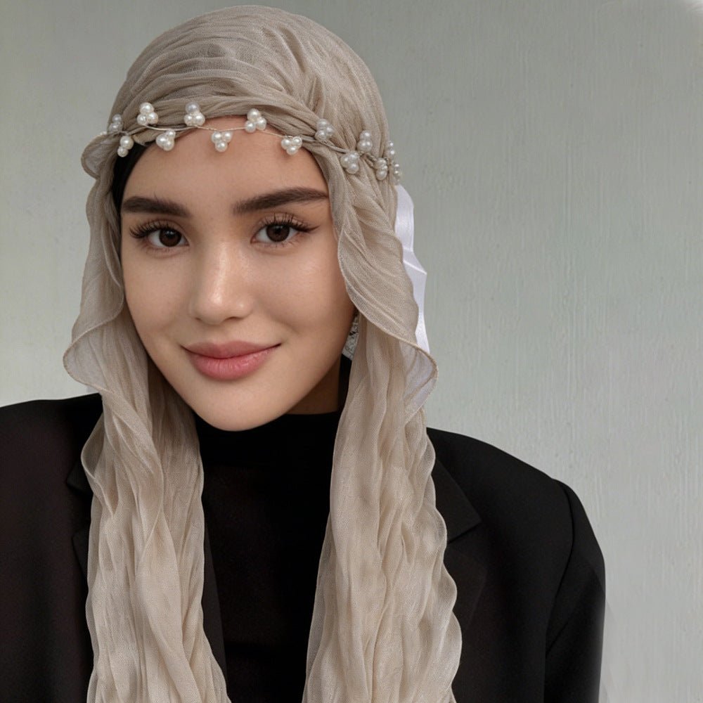 RY307 Light Coffee Crinkled Tulle Hijab Scarf – Glossy Stretch Breathable Headscarf - Raya