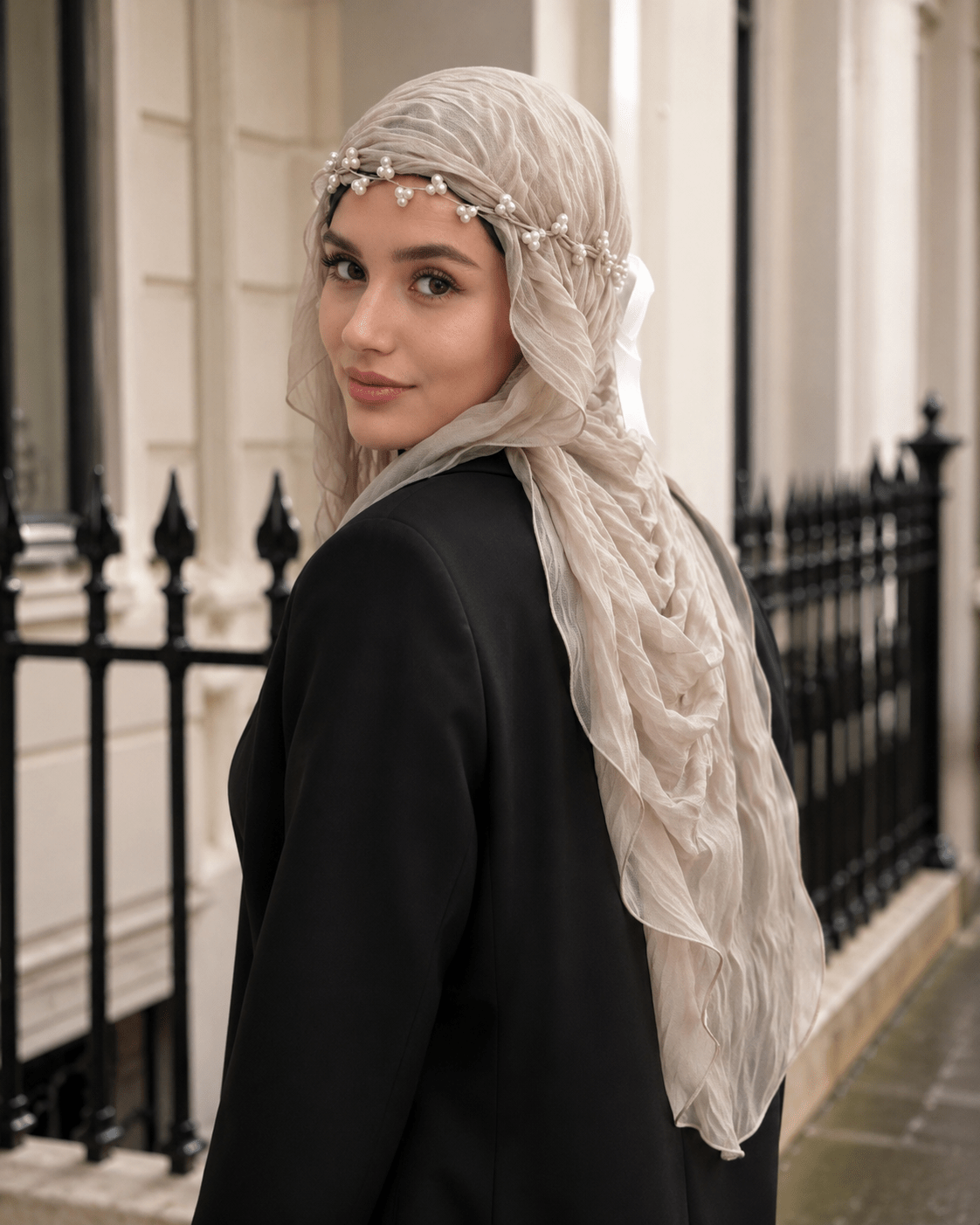 RY307 Light Coffee Crinkled Tulle Hijab Scarf – Glossy Stretch Breathable Headscarf - Raya