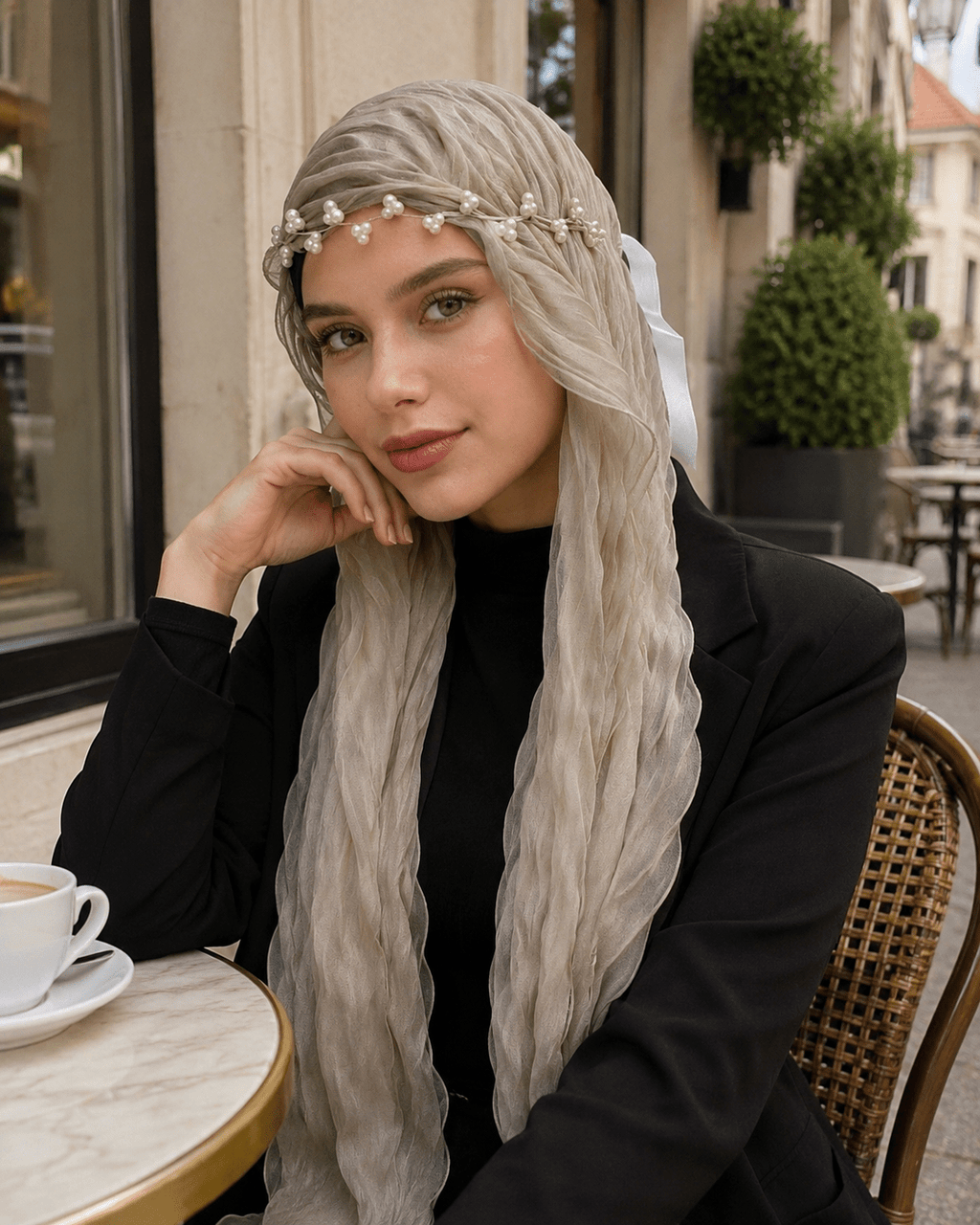 RY307 Light Coffee Crinkled Tulle Hijab Scarf – Glossy Stretch Breathable Headscarf - Raya