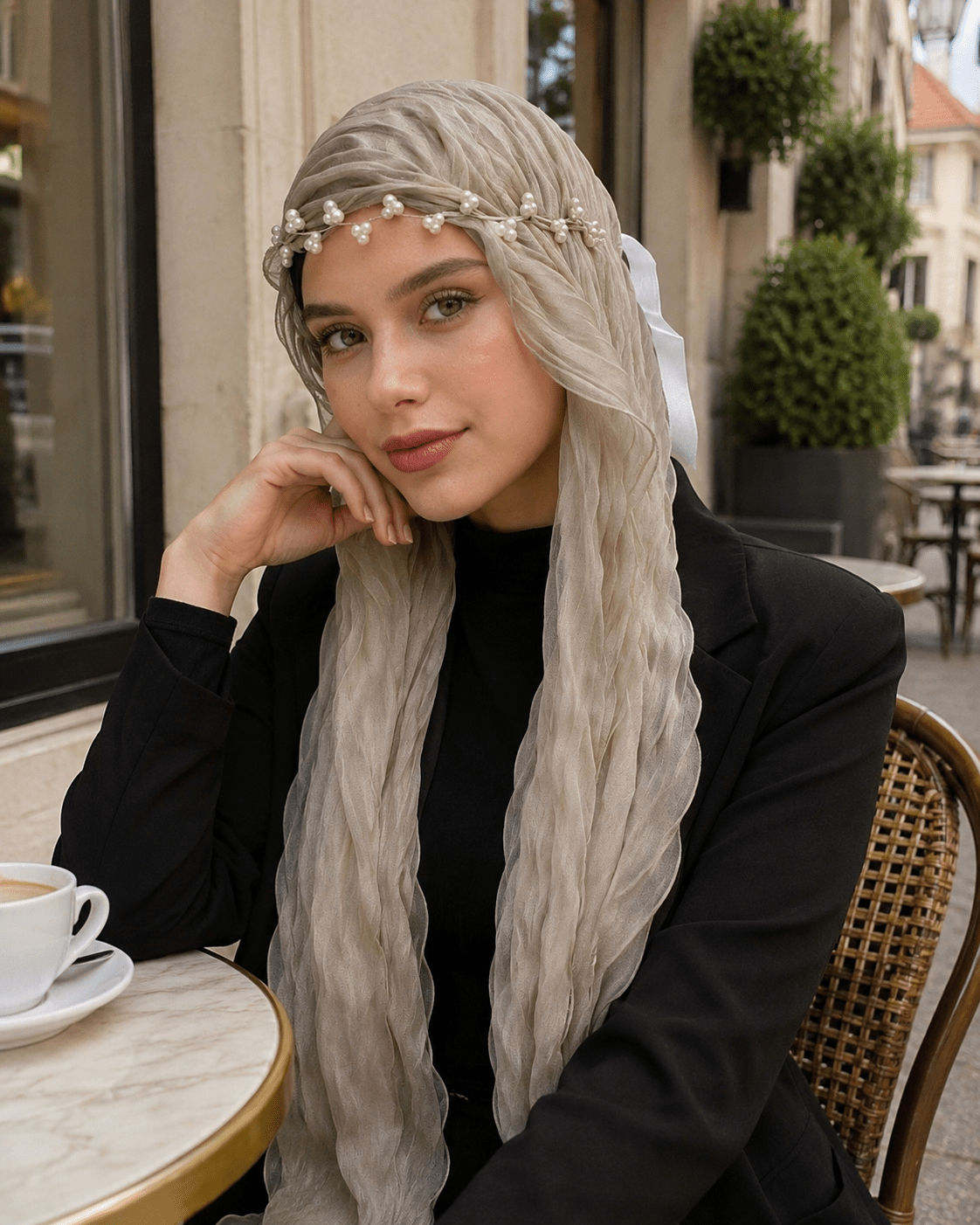 RY307 Light Coffee Crinkled Tulle Hijab Scarf – Glossy Stretch Breathable Headscarf - Raya