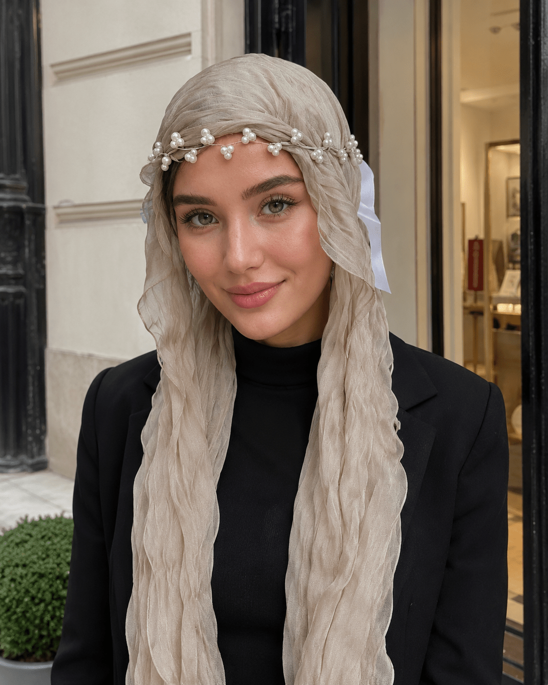 RY307 Light Coffee Crinkled Tulle Hijab Scarf – Glossy Stretch Breathable Headscarf - Raya