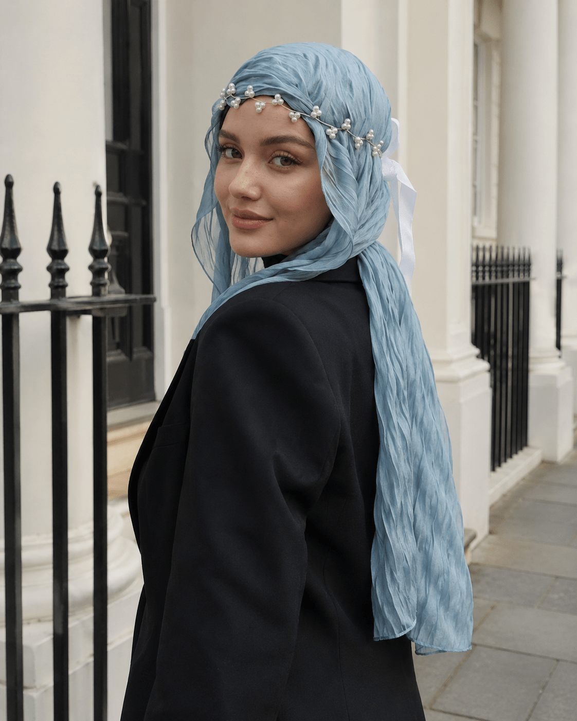 RY308 Light Sky Blue Crinkled Tulle Hijab Scarf – Glossy Stretch Breathable Headscarf - Raya
