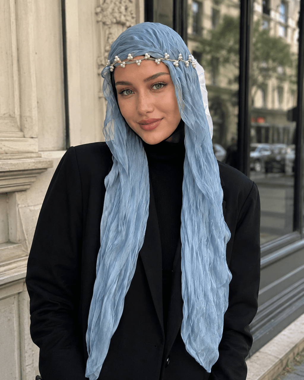 RY308 Light Sky Blue Crinkled Tulle Hijab Scarf – Glossy Stretch Breathable Headscarf - Raya