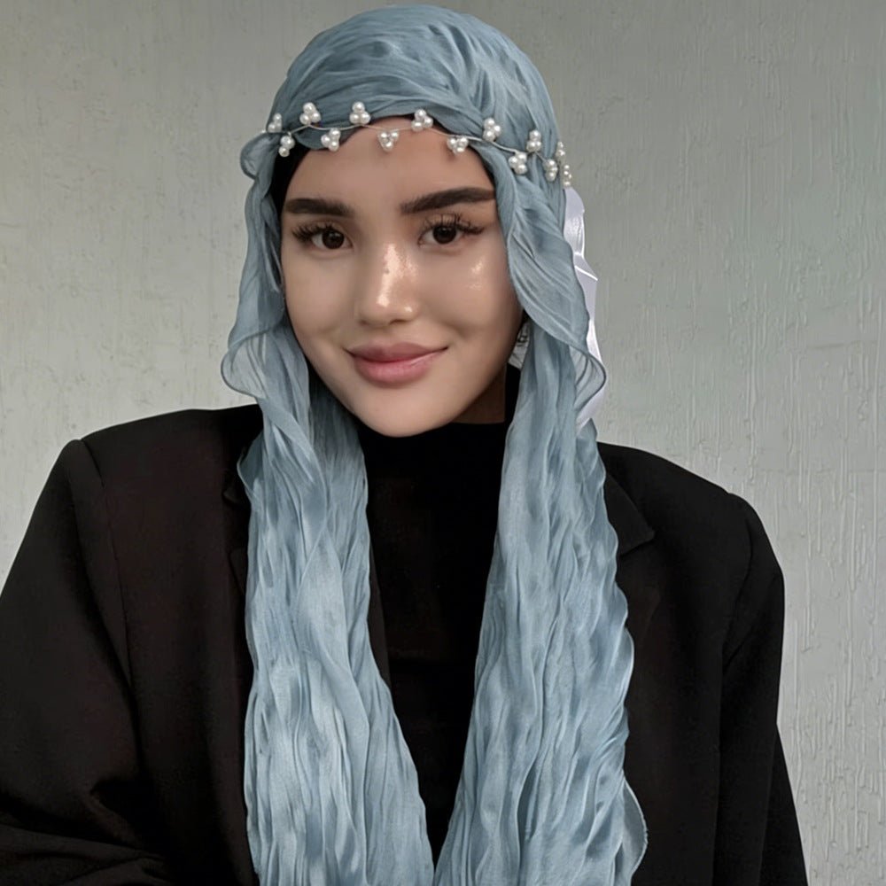 RY308 Light Sky Blue Crinkled Tulle Hijab Scarf – Glossy Stretch Breathable Headscarf - Raya