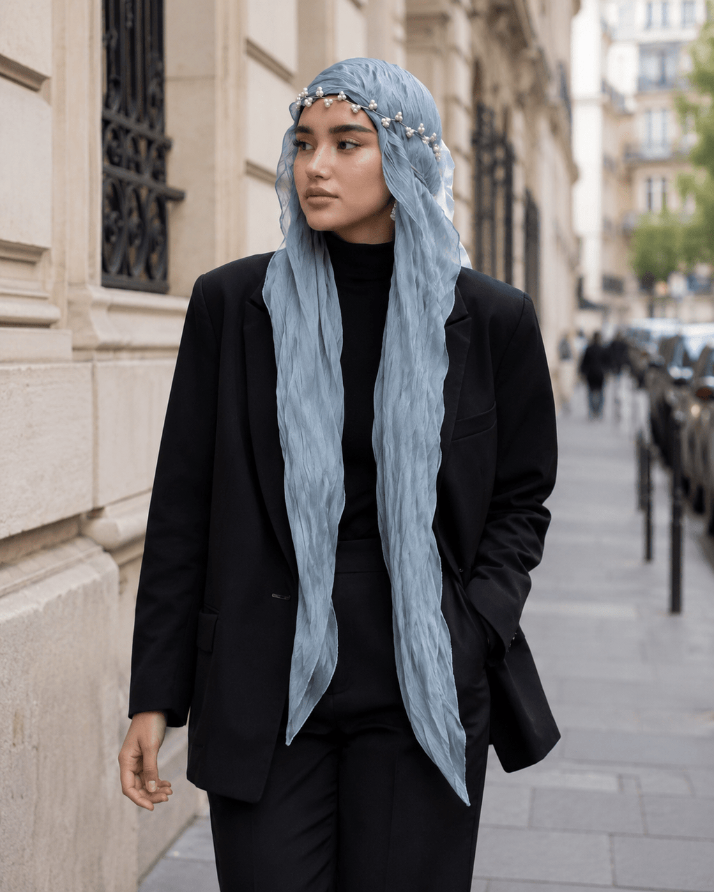 RY308 Light Sky Blue Crinkled Tulle Hijab Scarf – Glossy Stretch Breathable Headscarf - Raya