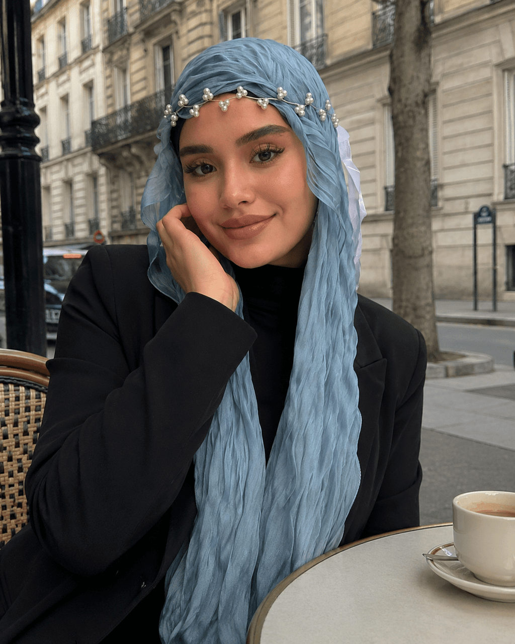 RY308 Light Sky Blue Crinkled Tulle Hijab Scarf – Glossy Stretch Breathable Headscarf - Raya