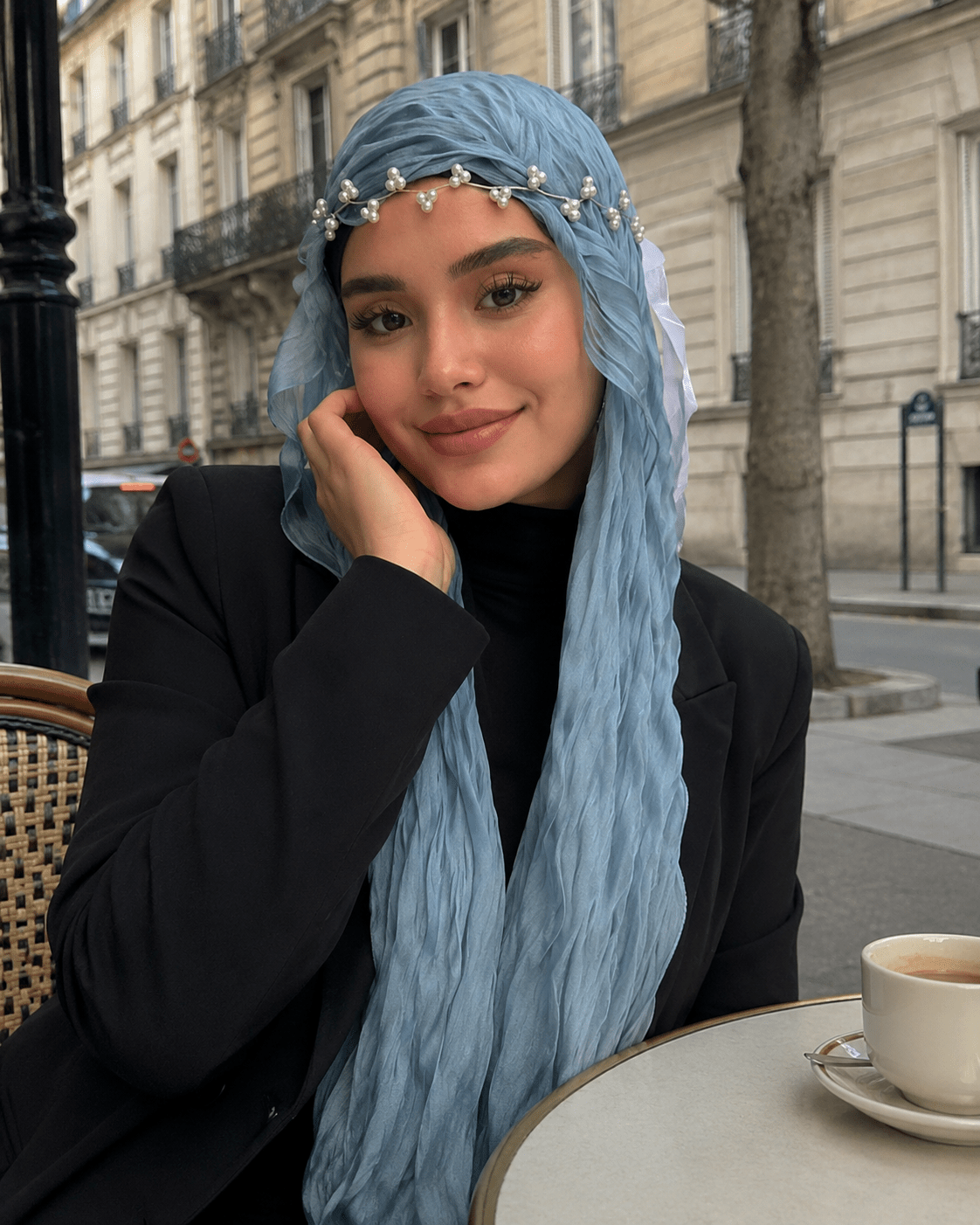 RY308 Light Sky Blue Crinkled Tulle Hijab Scarf – Glossy Stretch Breathable Headscarf - Raya