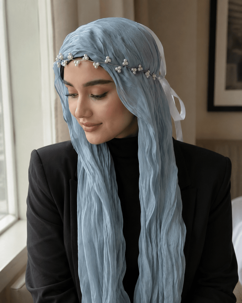 RY308 Light Sky Blue Crinkled Tulle Hijab Scarf – Glossy Stretch Breathable Headscarf - Raya