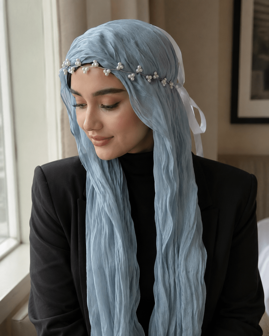 RY308 Light Sky Blue Crinkled Tulle Hijab Scarf – Glossy Stretch Breathable Headscarf - Raya