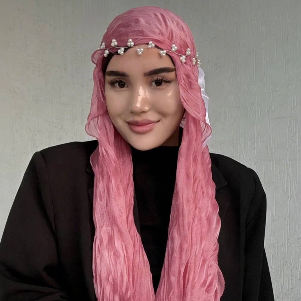 RY309 Rose Pink Crinkled Tulle Hijab Scarf – Glossy Stretch Breathable Headscarf - Raya