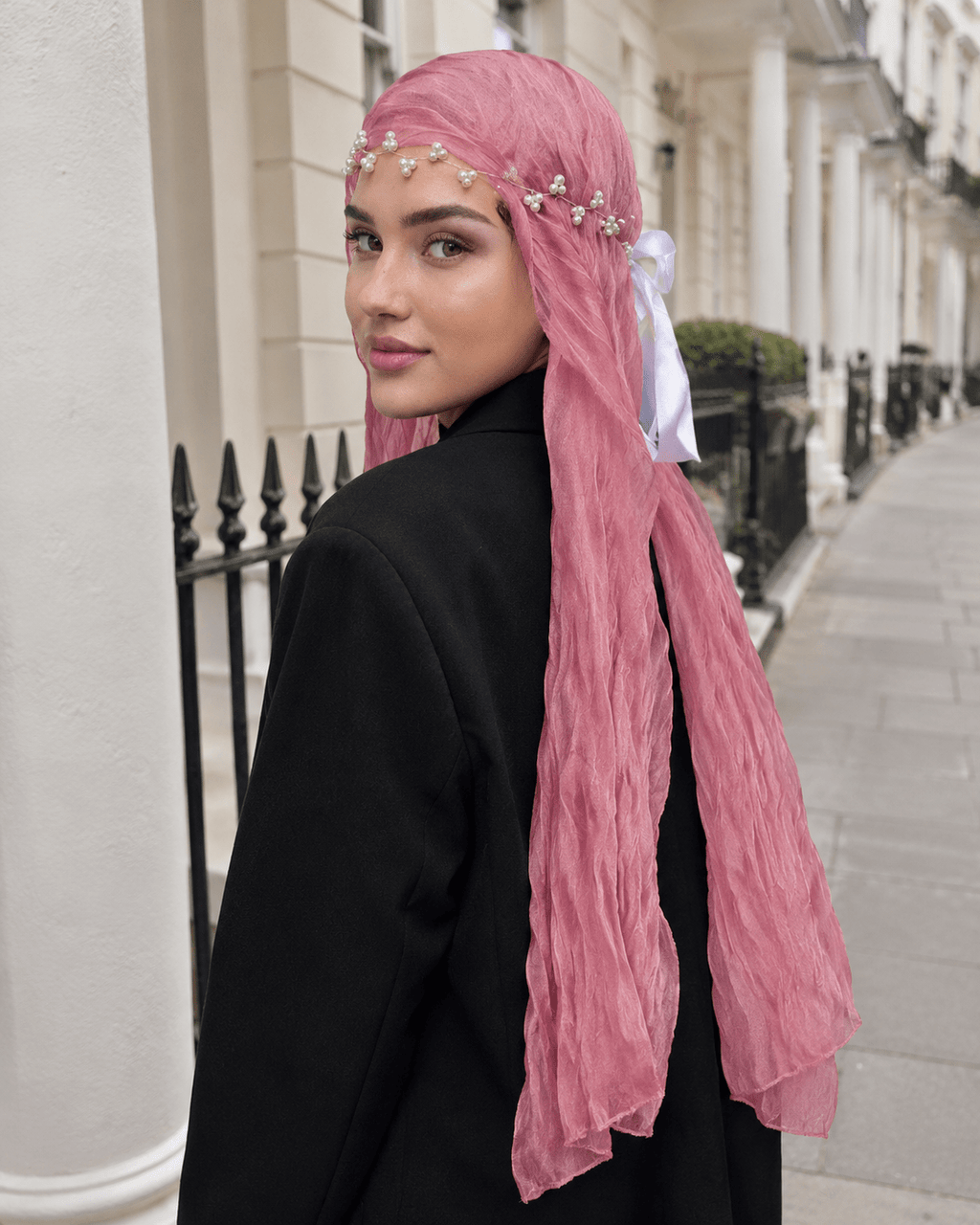 RY309 Rose Pink Crinkled Tulle Hijab Scarf – Glossy Stretch Breathable Headscarf - Raya