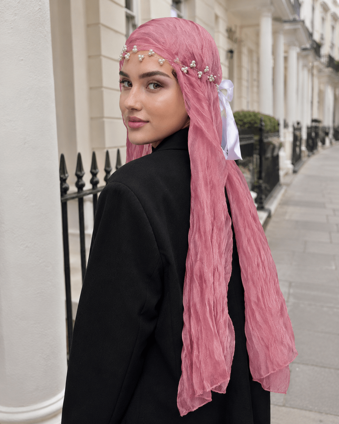 RY309 Rose Pink Crinkled Tulle Hijab Scarf – Glossy Stretch Breathable Headscarf - Raya