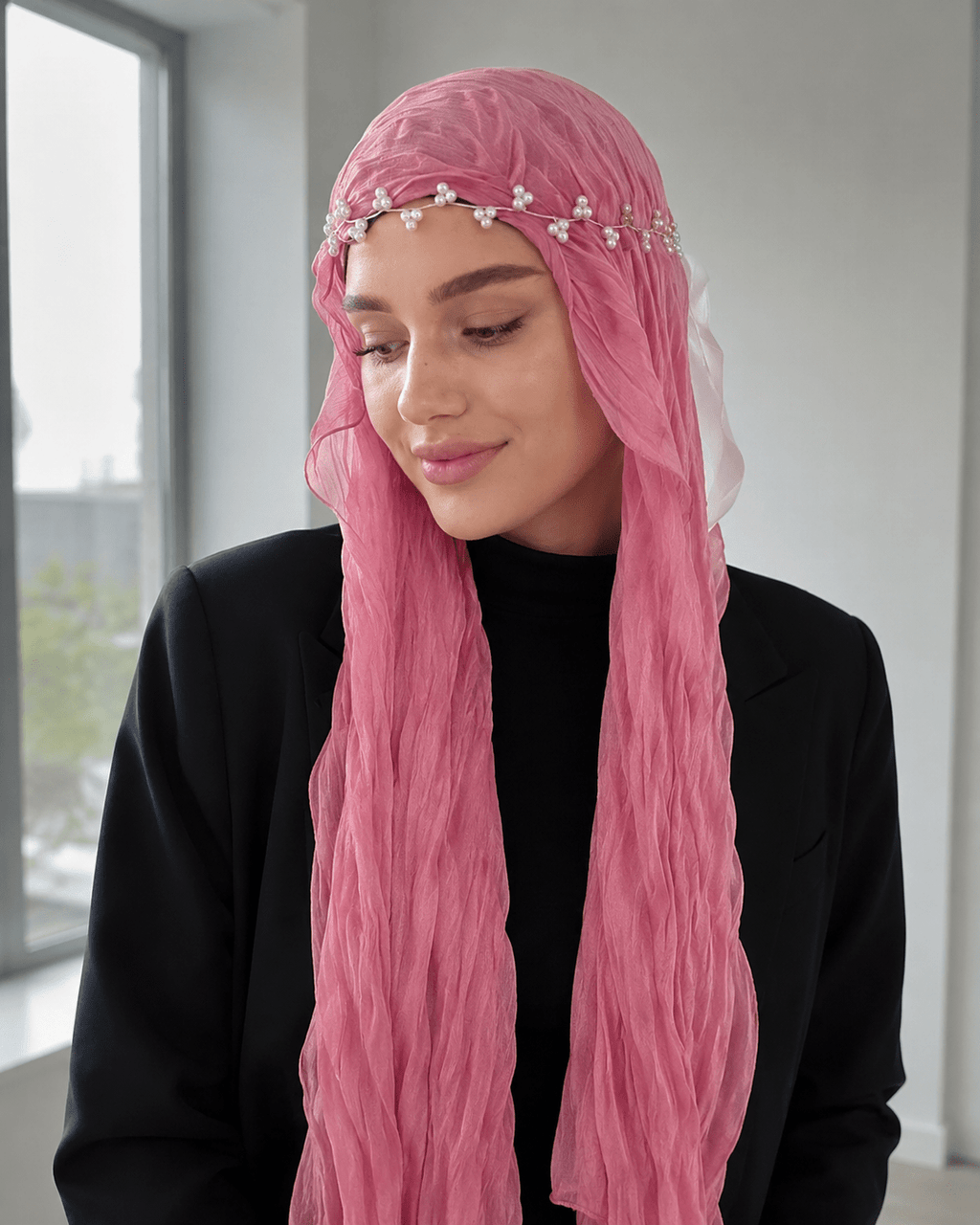 RY309 Rose Pink Crinkled Tulle Hijab Scarf – Glossy Stretch Breathable Headscarf - Raya
