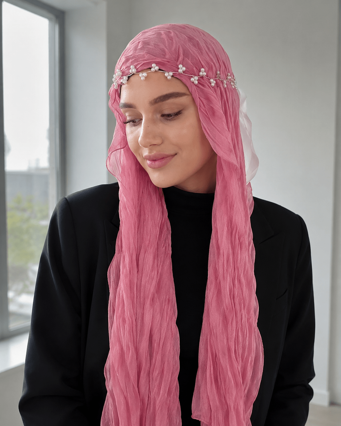 RY309 Rose Pink Crinkled Tulle Hijab Scarf – Glossy Stretch Breathable Headscarf - Raya