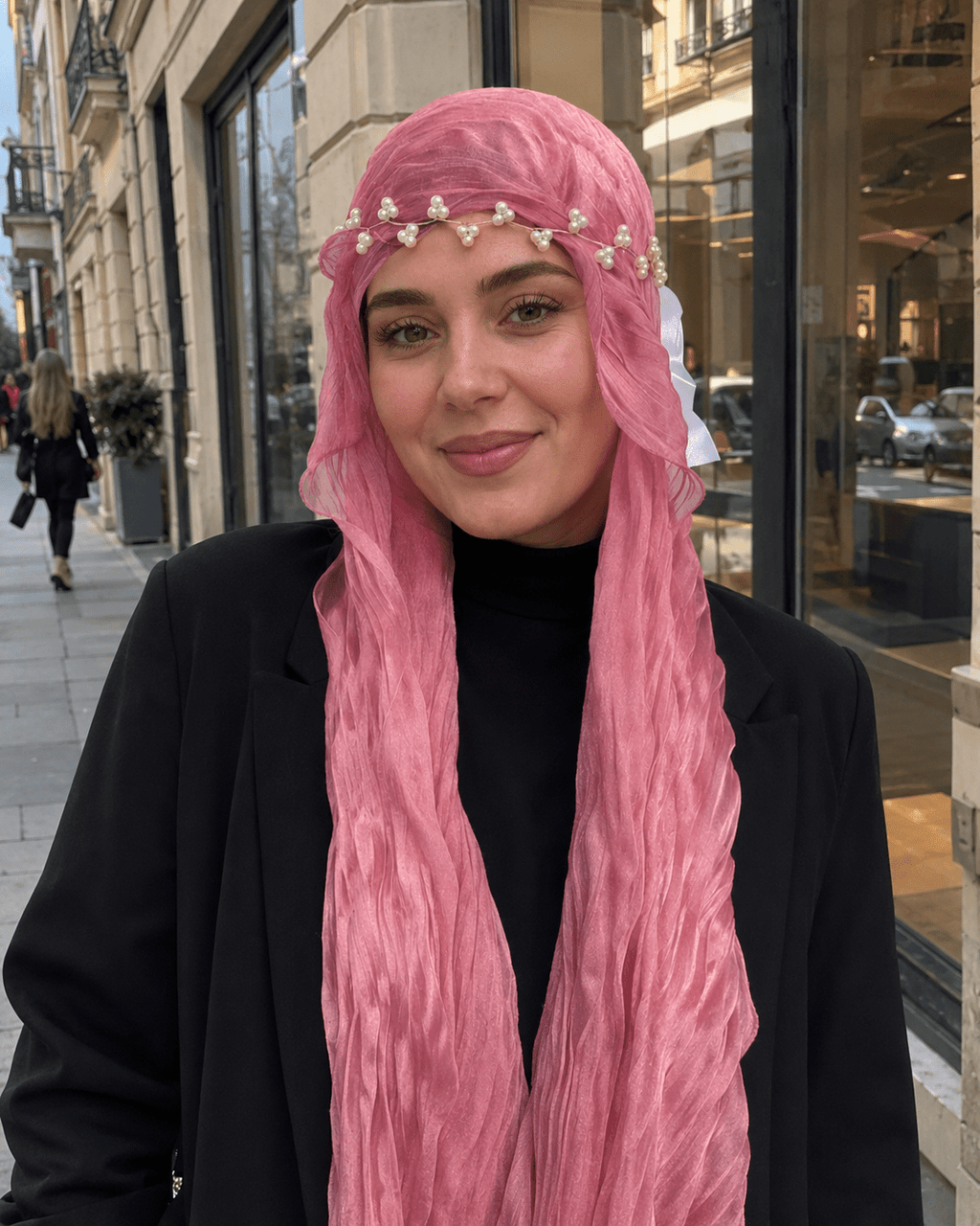 RY309 Rose Pink Crinkled Tulle Hijab Scarf – Glossy Stretch Breathable Headscarf - Raya