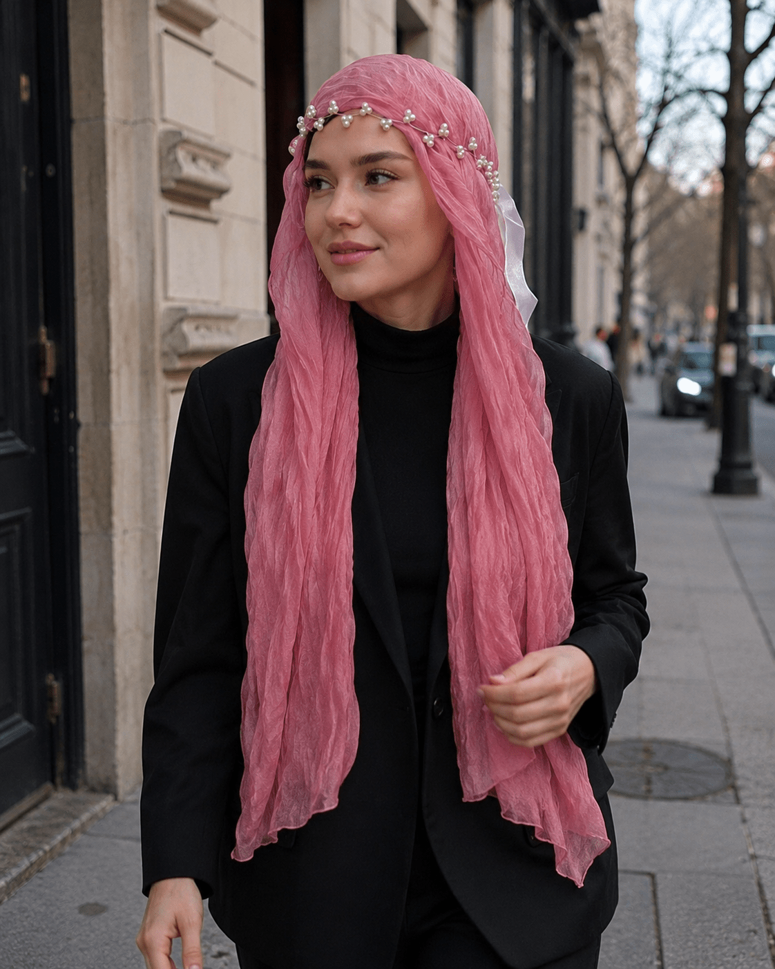 RY309 Rose Pink Crinkled Tulle Hijab Scarf – Glossy Stretch Breathable Headscarf - Raya