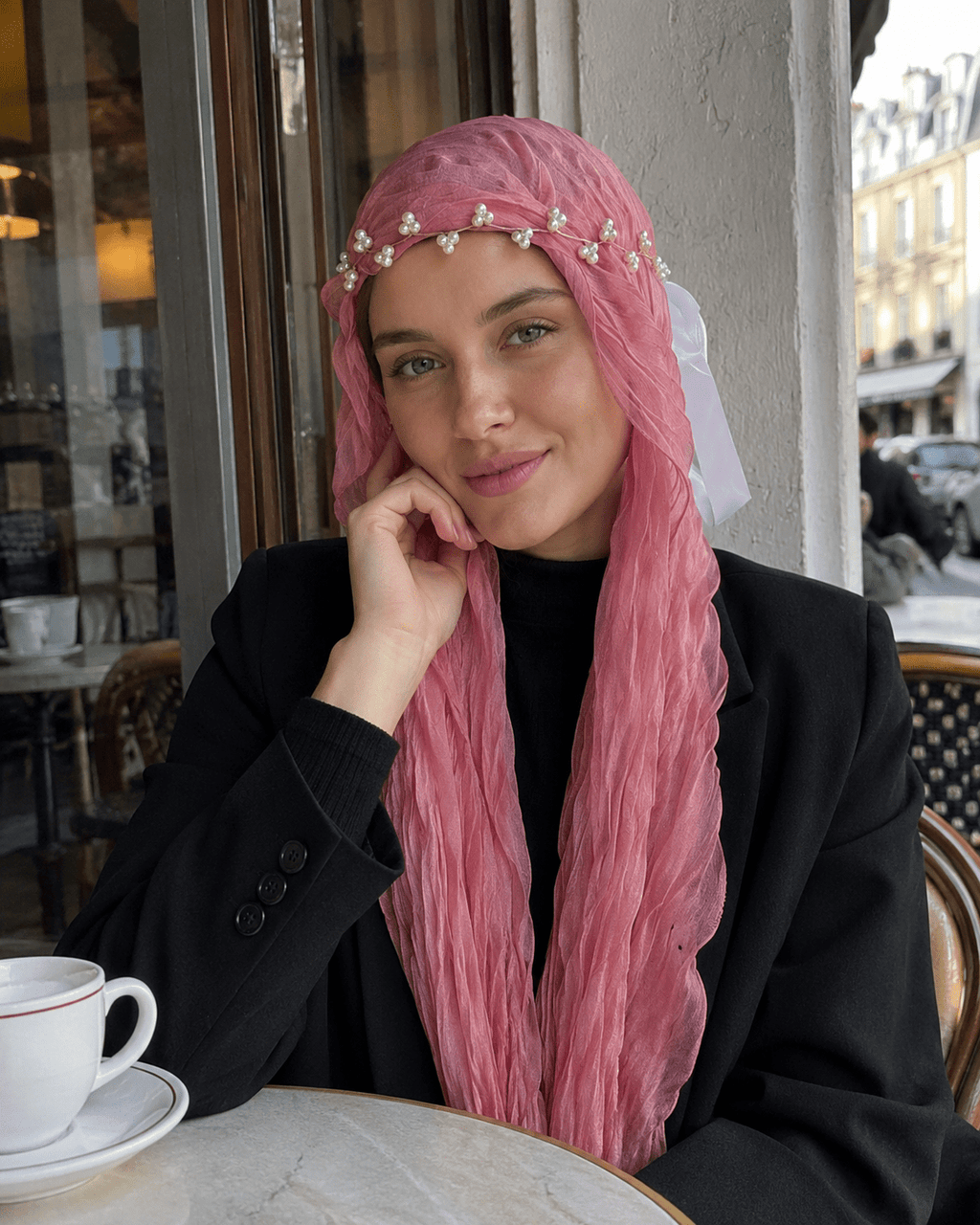 RY309 Rose Pink Crinkled Tulle Hijab Scarf – Glossy Stretch Breathable Headscarf - Raya