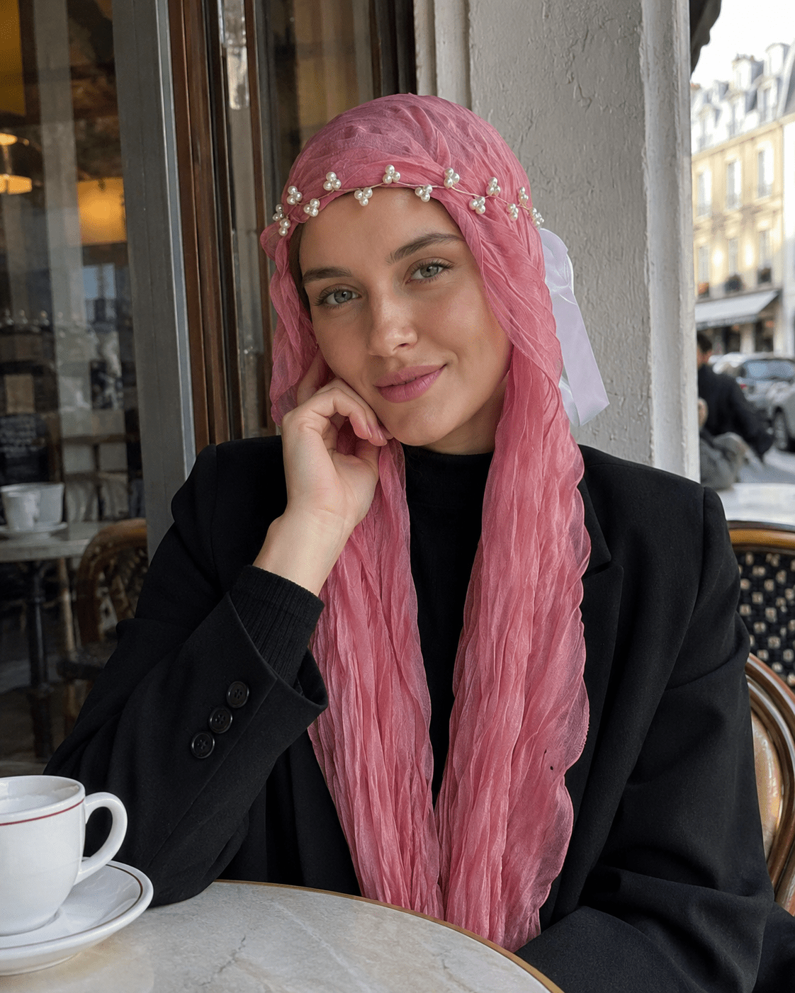 RY309 Rose Pink Crinkled Tulle Hijab Scarf – Glossy Stretch Breathable Headscarf - Raya