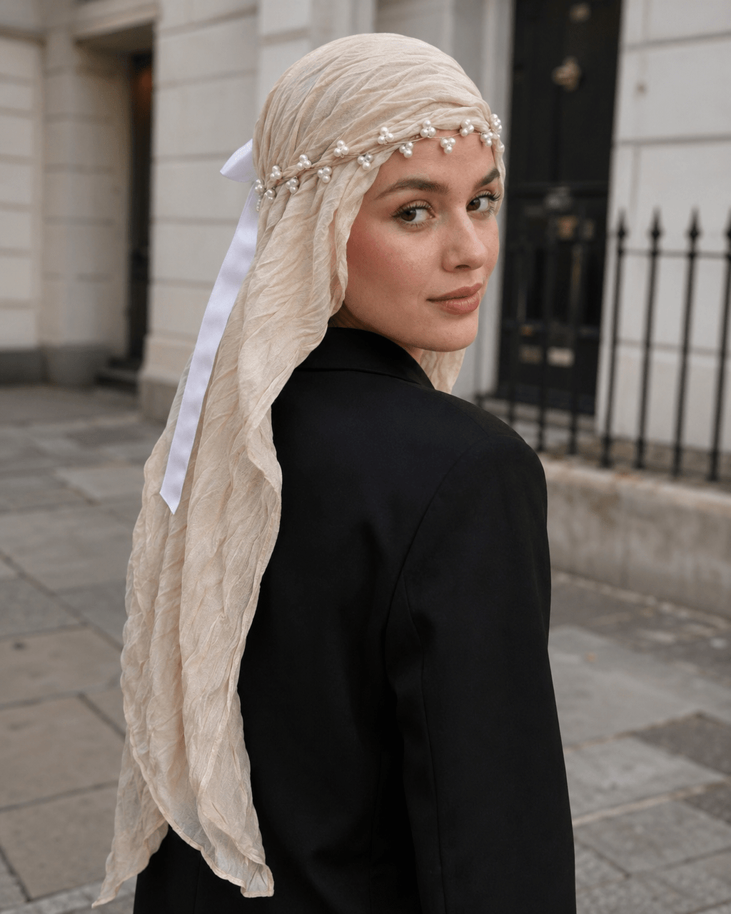 RY310 Beige Crinkled Tulle Hijab Scarf – Glossy Stretch Breathable Headscarf - Raya