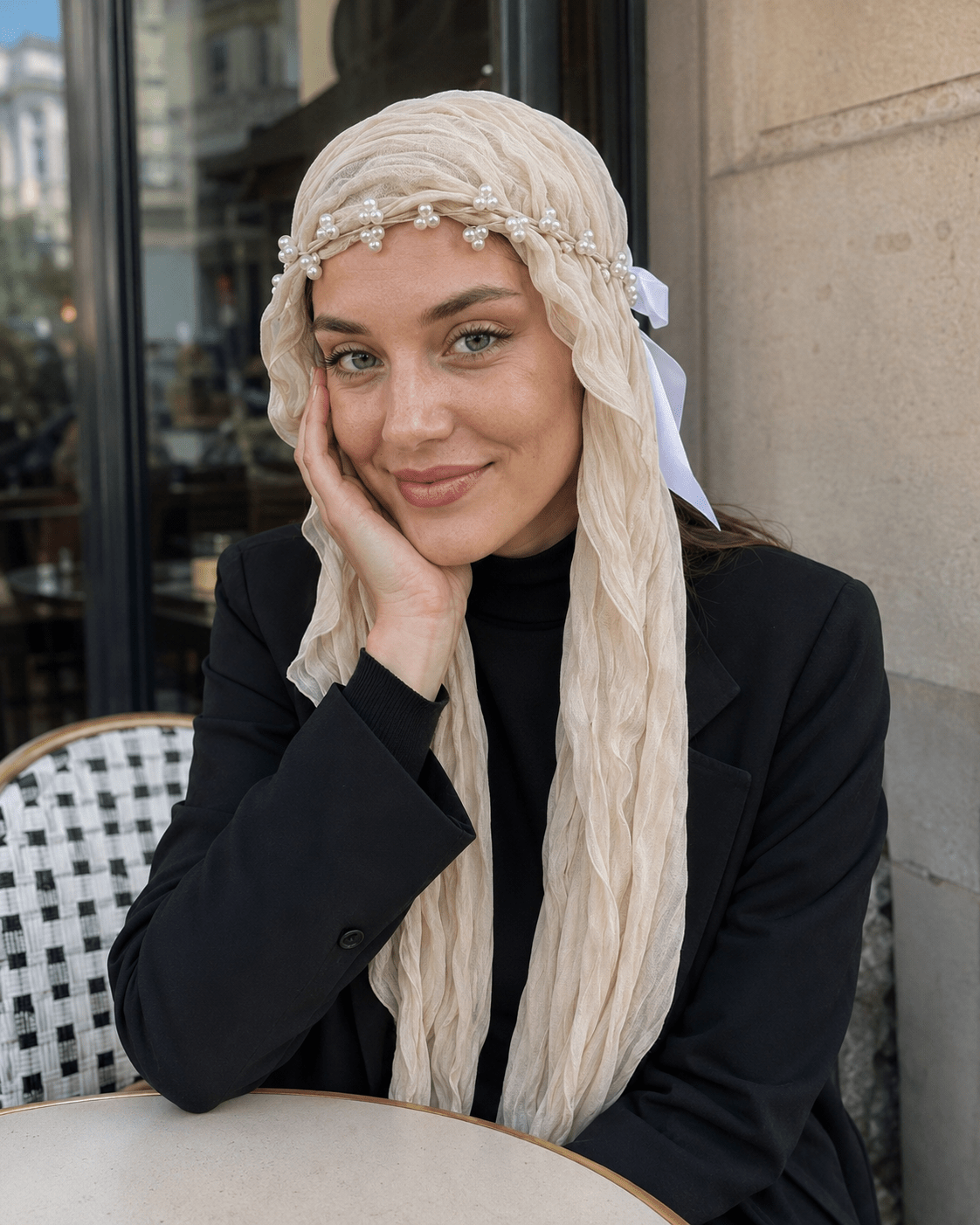 RY310 Beige Crinkled Tulle Hijab Scarf – Glossy Stretch Breathable Headscarf - Raya