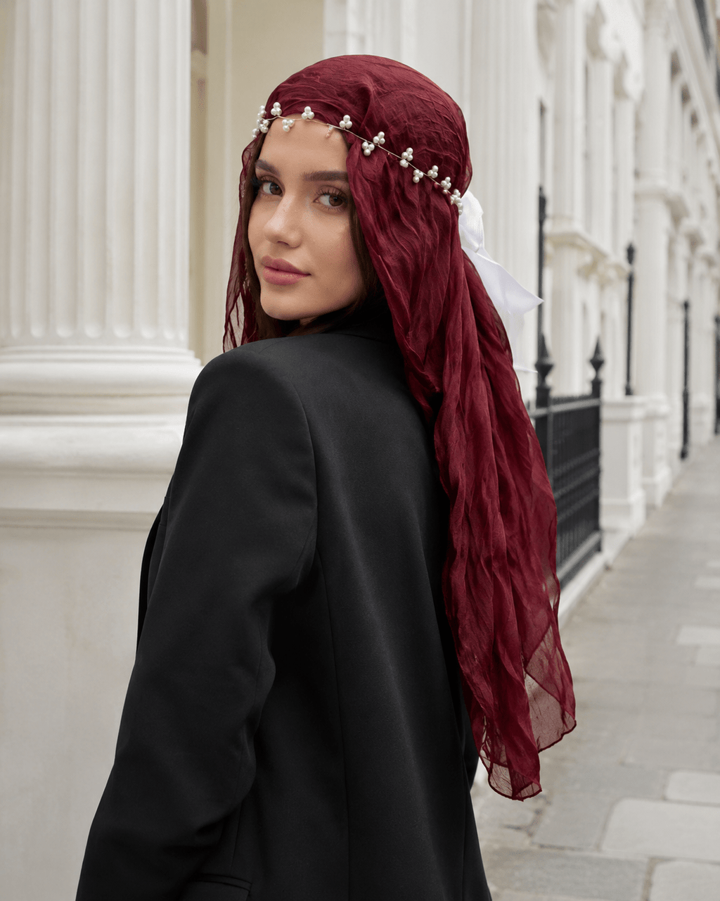 RY311 Deep Burgundy Crinkled Tulle Hijab Scarf – Glossy Stretch Breathable Headscarf - Raya