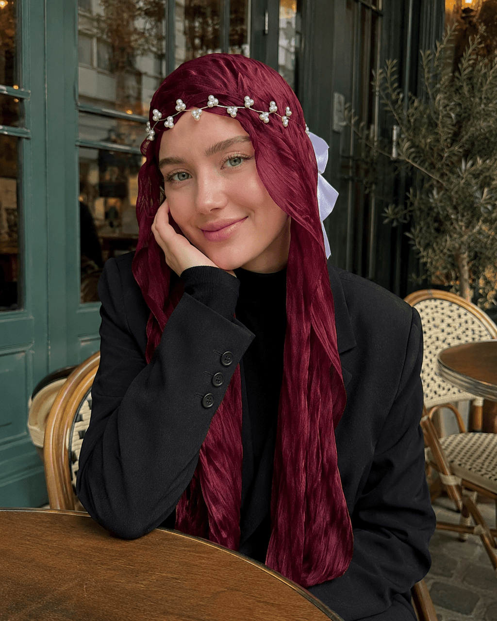 RY311 Deep Burgundy Crinkled Tulle Hijab Scarf – Glossy Stretch Breathable Headscarf - Raya