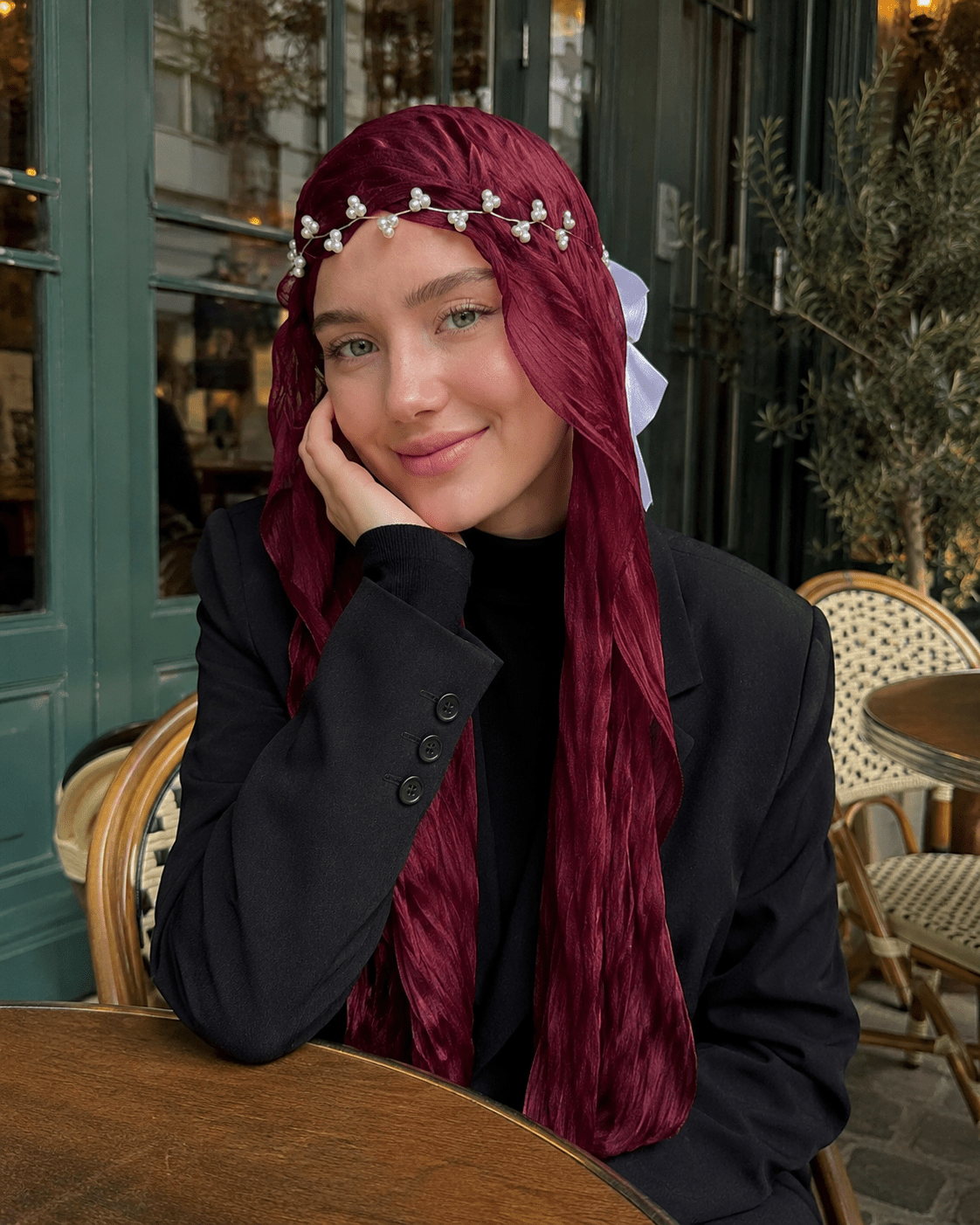 RY311 Deep Burgundy Crinkled Tulle Hijab Scarf – Glossy Stretch Breathable Headscarf - Raya