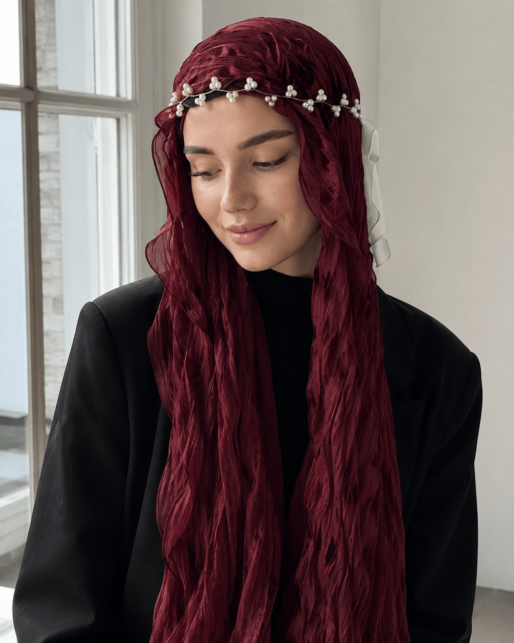 RY311 Deep Burgundy Crinkled Tulle Hijab Scarf – Glossy Stretch Breathable Headscarf - Raya