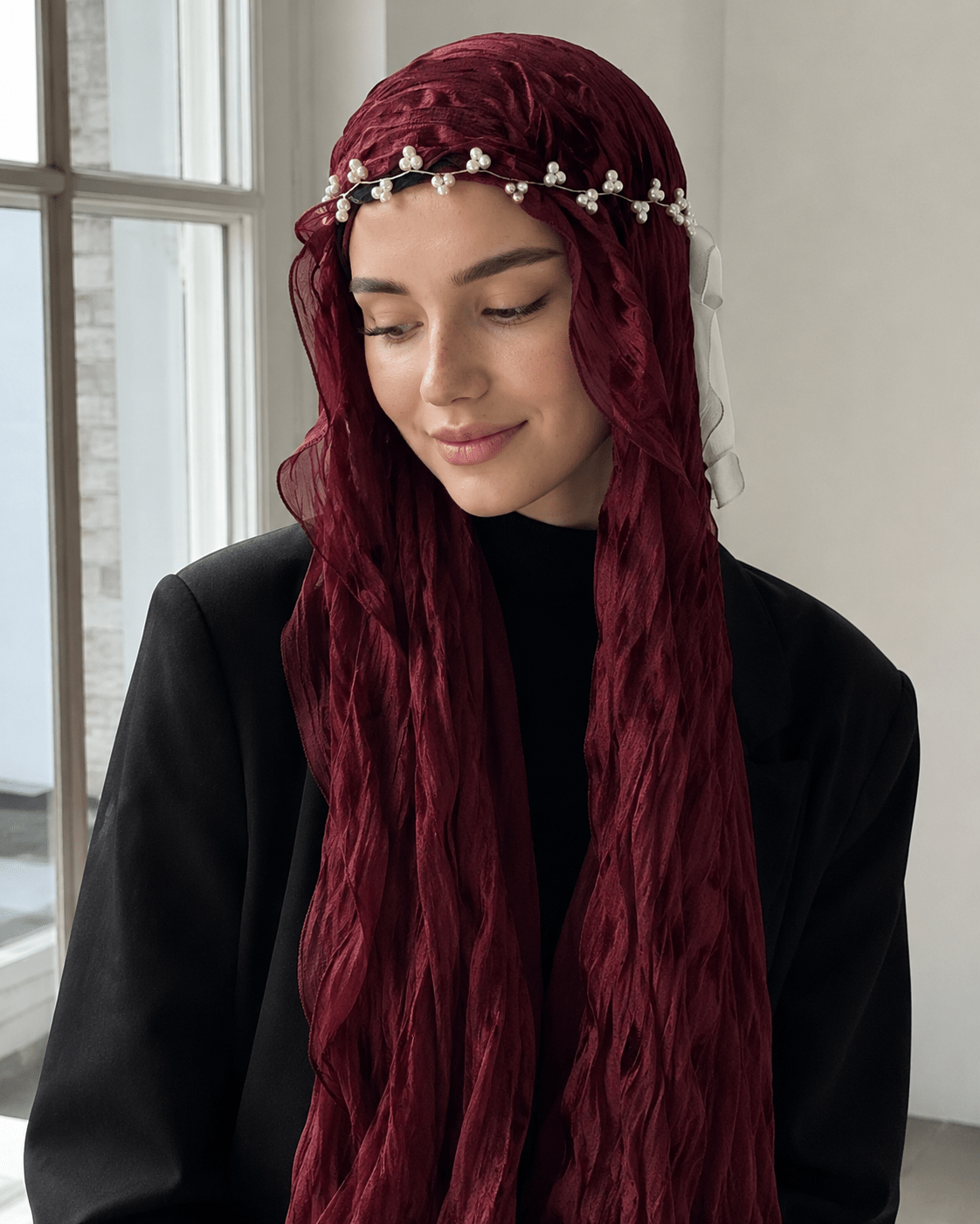 RY311 Deep Burgundy Crinkled Tulle Hijab Scarf – Glossy Stretch Breathable Headscarf - Raya