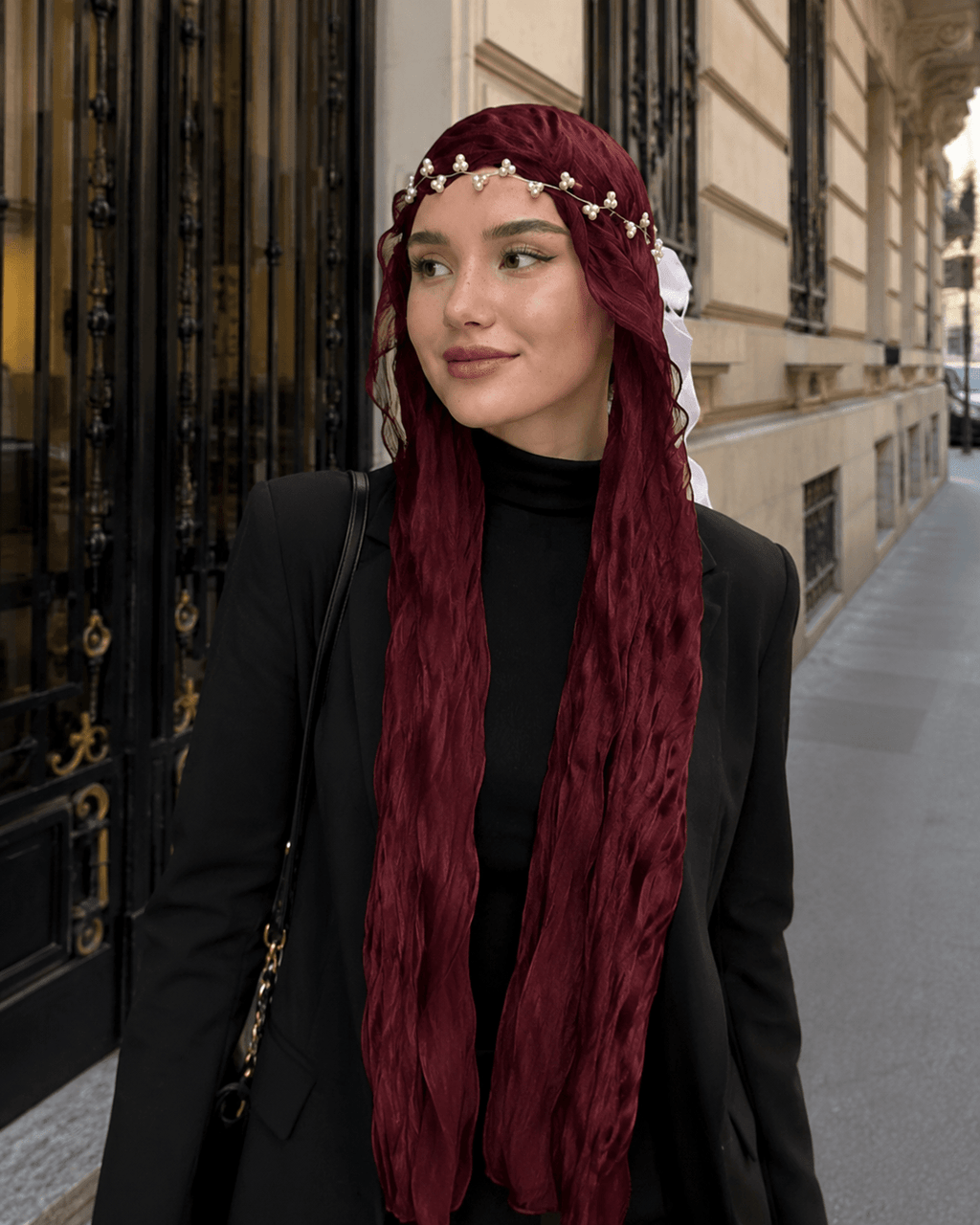 RY311 Deep Burgundy Crinkled Tulle Hijab Scarf – Glossy Stretch Breathable Headscarf - Raya