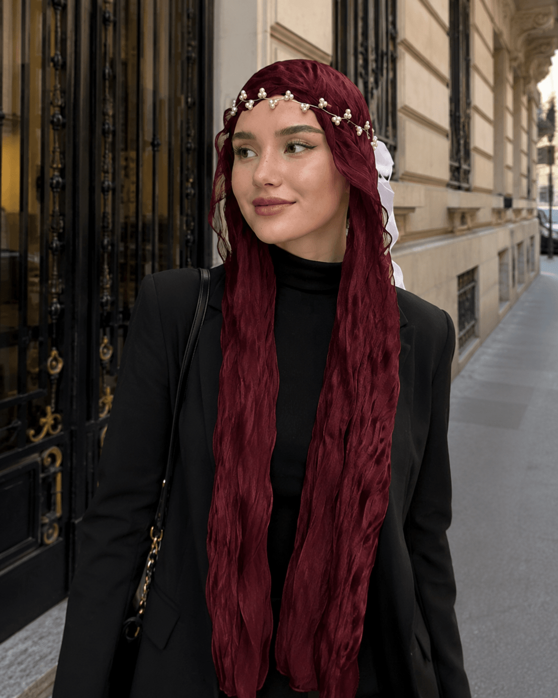 RY311 Deep Burgundy Crinkled Tulle Hijab Scarf – Glossy Stretch Breathable Headscarf - Raya